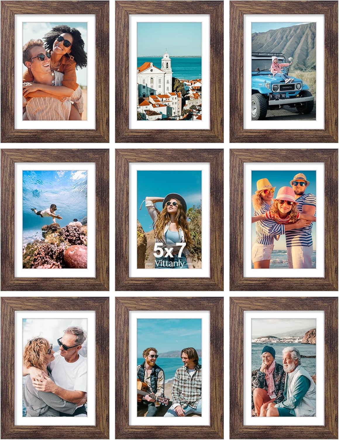 Vittanly 5x7 Picture Frames Set of 9, Shatter Resistant Plexiglass, Display 4x6 Pictures with Mat or 5x7 without Mat, Photo Frames for Wall or Tabletop, Engineered Wood, Brown