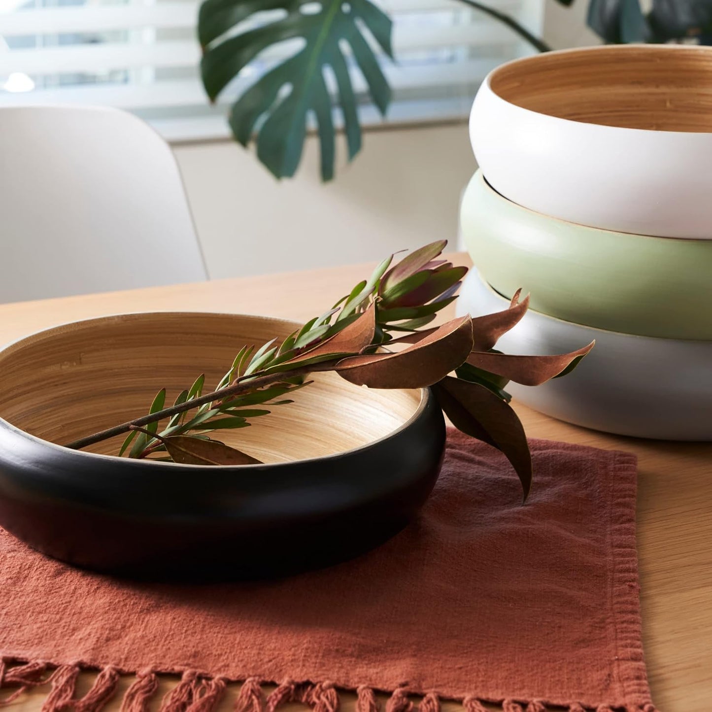 Fruit Bowl For Kitchen Counter, Decorative Bowl, Large Serving Bowl Or Fruit Basket For Kitchen Spun Bamboo (Black)