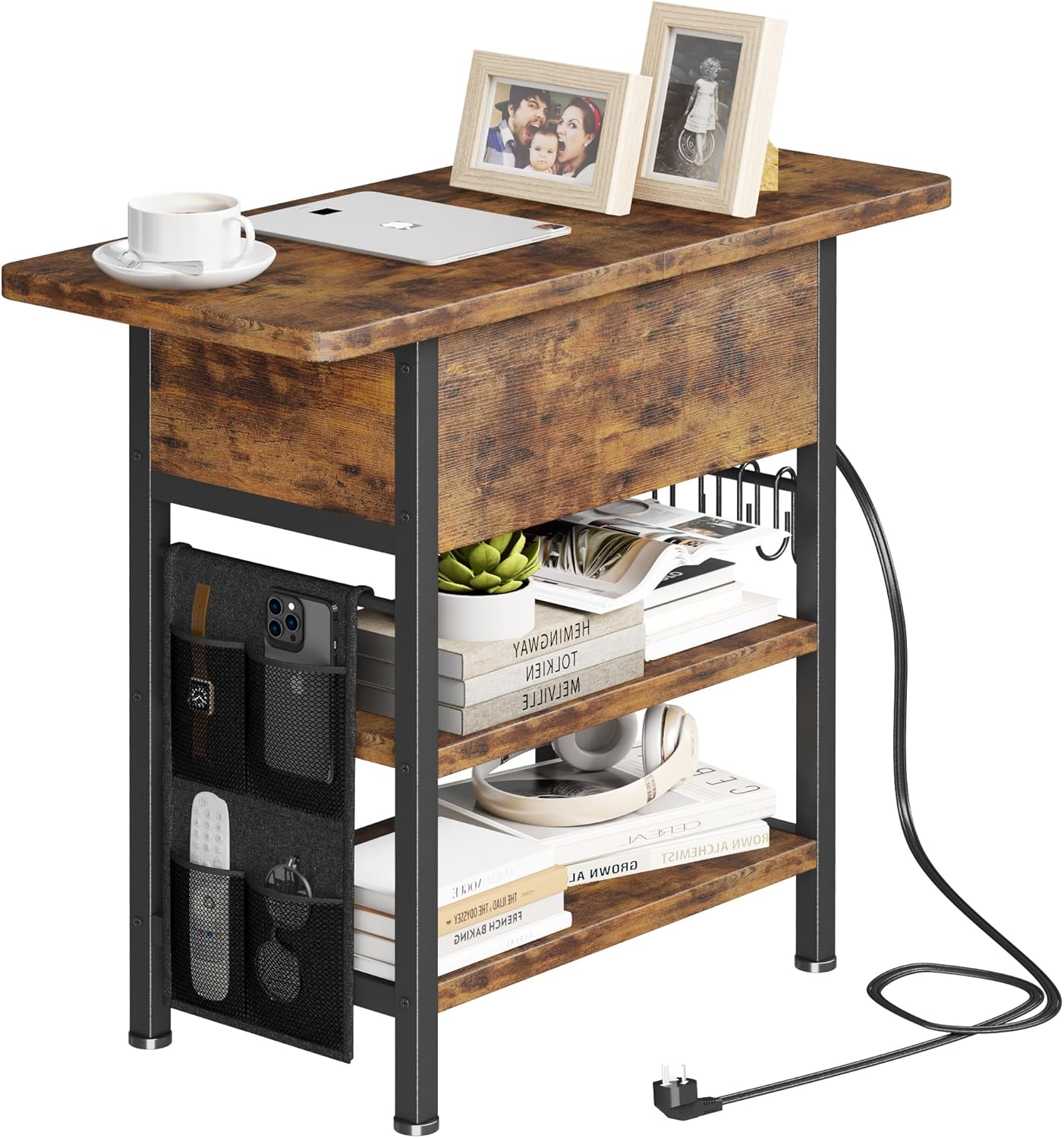 End Table with Charging Station, Flip Top Nightstand with USB Ports and Outlets, Couch Side Table with Fabric Bag and Hooks, Bedside Table for Space Saving, Living Room, Bedroom (Rustic Brown)