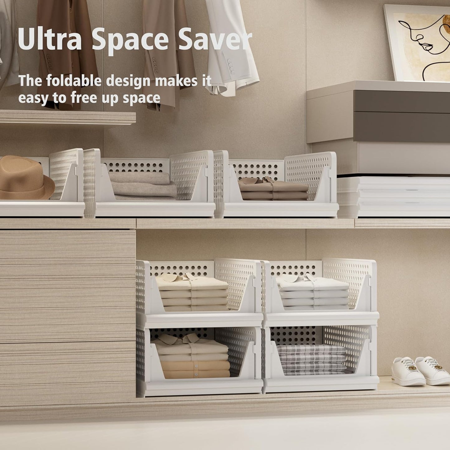 4 Pack Stackable Plastic Storage Basket Closet Organizer Bin Foldable Clothes Organizer Storage Drawer Shelf Container for Living Room Bathroom Kitchen Office (2L+2S)