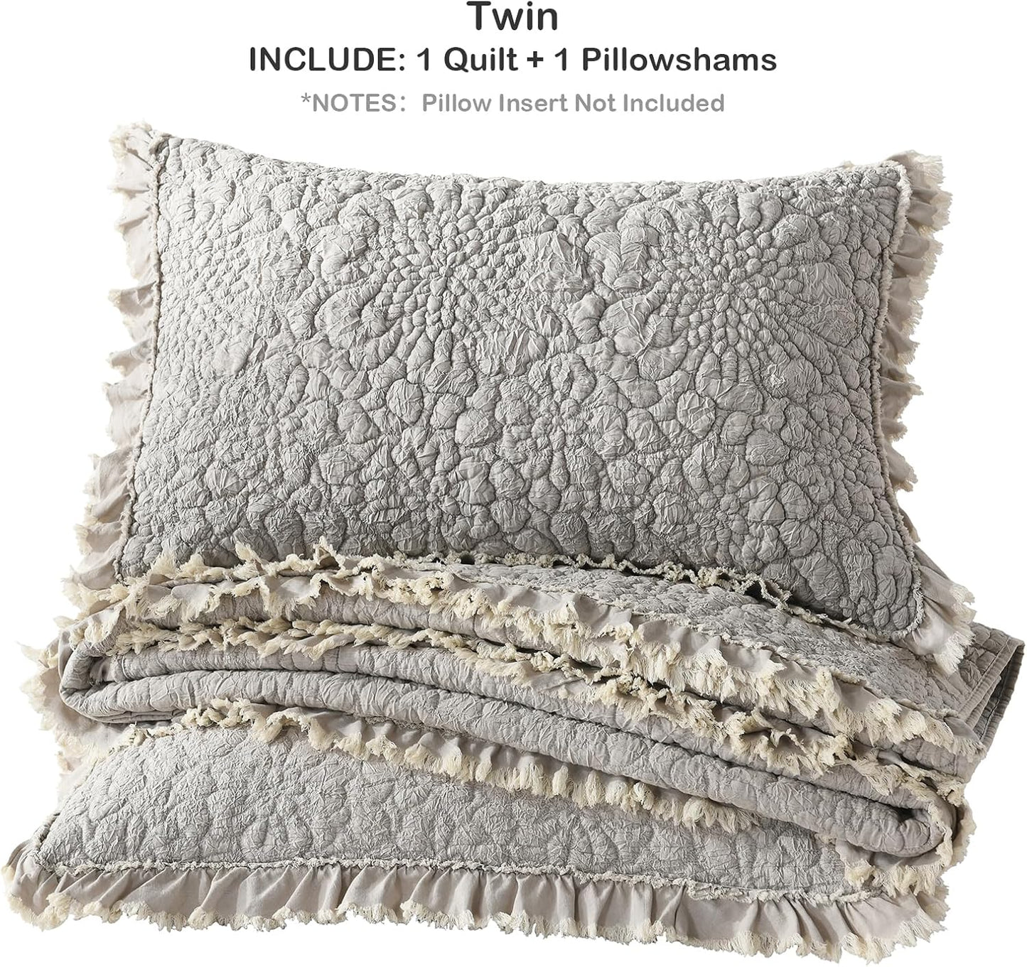 HORIMOTE HOME Beige Ruffled Quilt Twin Size, Stone-Washed Microfiber Lightweight Crinkled Farmhouse Rustic Shabby Chic Bedding Set, 2 Pieces Reversible Bedspread with Pillow Sham for All Season