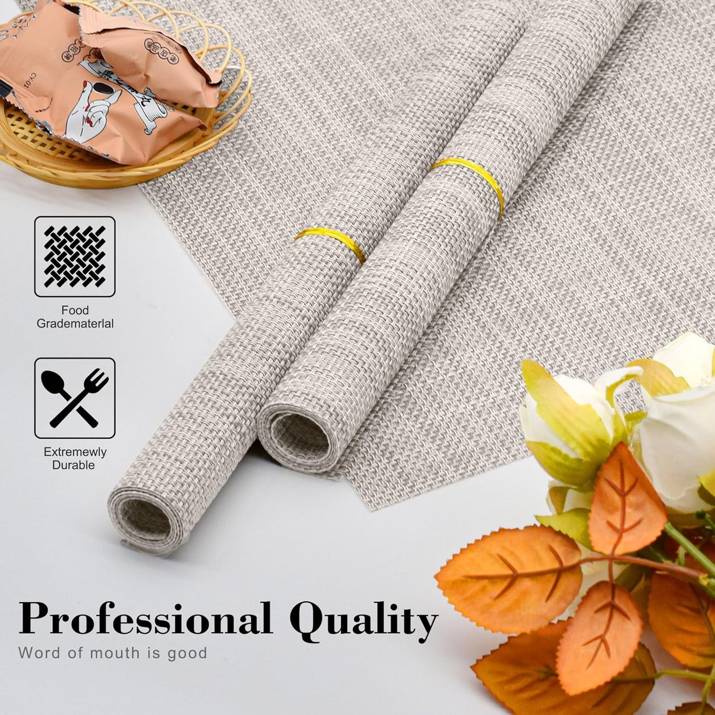 CADONO Placemats Set of 6 Washable Indoor/Outdoor Vinyl Place Mats for Dining Table Durable Non-Slip Heat Resistant PVC Weave Table Mats（Gold Cube）