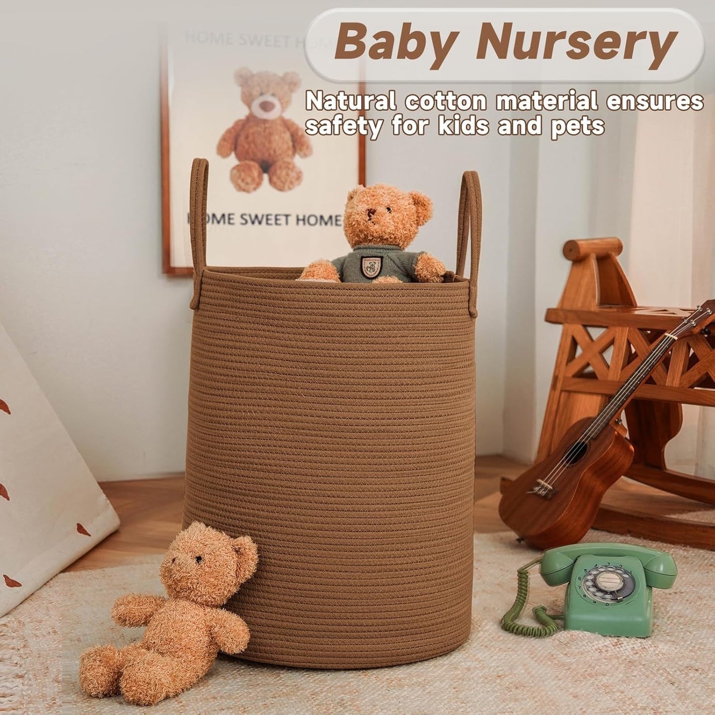 Large Woven Laundry Basket Hamper,80L Cotton Rope Storage Bin for Blankets,Toys and Clothes,Decorative Tall Nursery Hamper for Living Room,Baby Nursery,Bathroom and Bedroom,Golden Jute