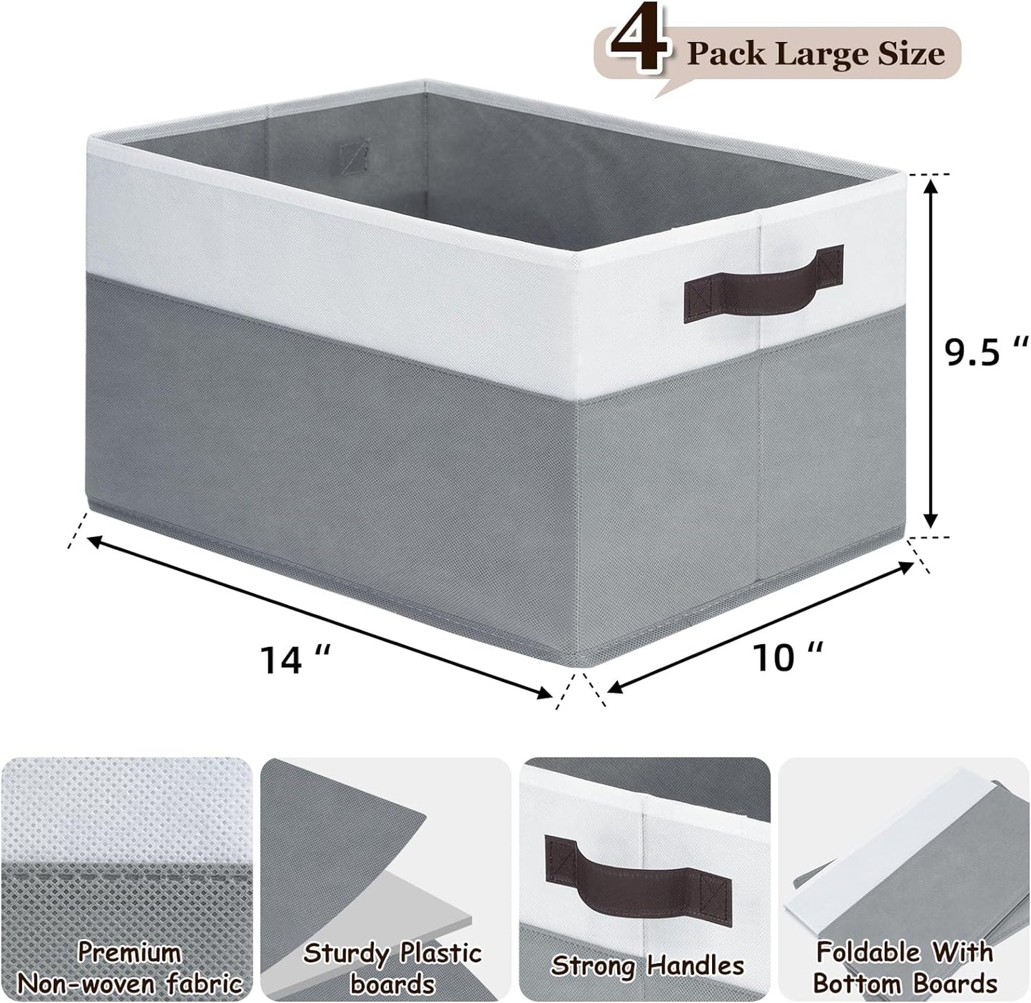 Criusia 4 Pack Large Storage Baskets for Shelves | Fabric Closet Organizers and Storage Bins with Handles Home Organization | Decorative Collapsible Baskets for Organizing Clothes Toy Nursery 14"x10"