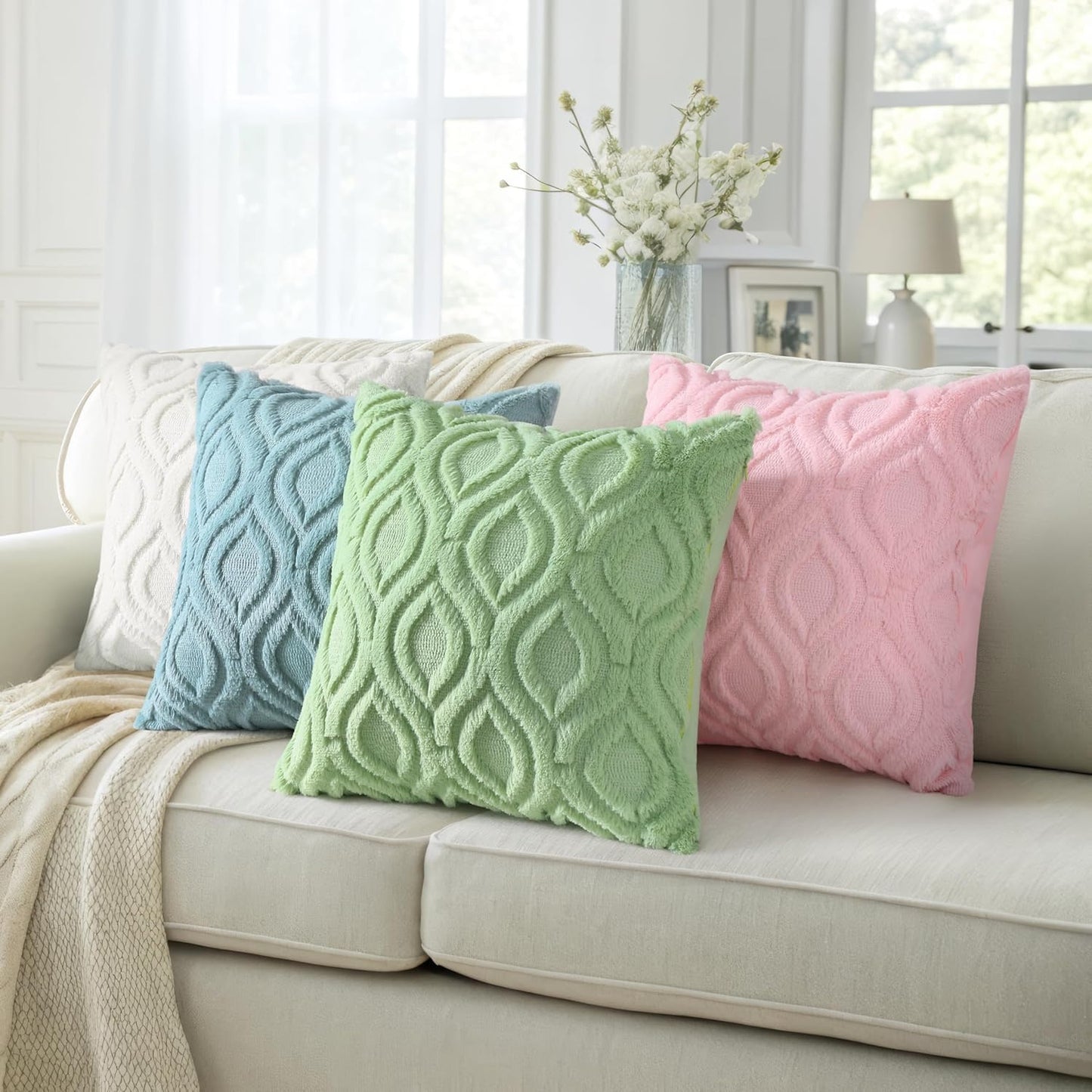 decorUhome Fall Throw Pillow Covers 12x20 Inch Set of 2, Soft Plush Decorative Faux Fur Aqua Solid Couch Pillow Covers, Accent Farmhouse Neutral Lumbar Euro Pillow Cases for Sofa Bed Living Room
