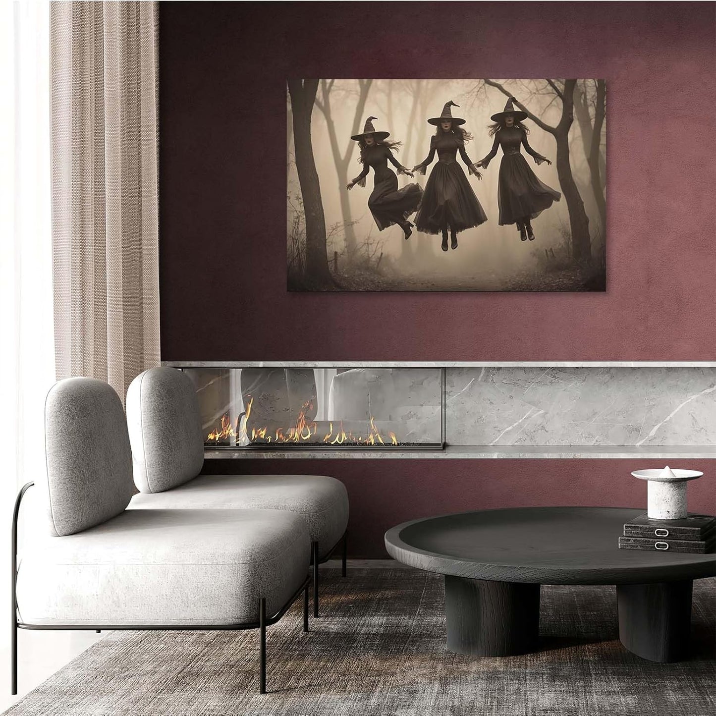 JFHCQJPK Three ghost witches flying in vintage forest gothic wall art witchcraft decoration holiday gift canvas wall art print32x48in Frameless