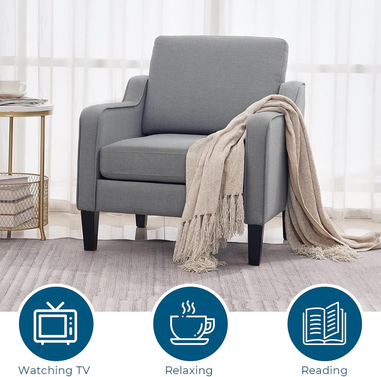 VINGLI Mid Century Modern Accent Chair, Light Grey Fabric Accent Chairs for Living Room Upholstered Armchair with Scooped Arms for Bedroom, Apartment, Studio, Office, Waiting Room