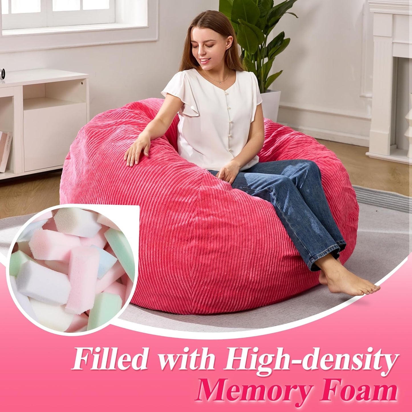 3.5FT Bean Bag Chairs Teardrop Bean Bag Chair for Adults Beanbag Chair with Memory Foam Filled Machine Washable Cover for Living Room, Bedroom (Large,Pink)