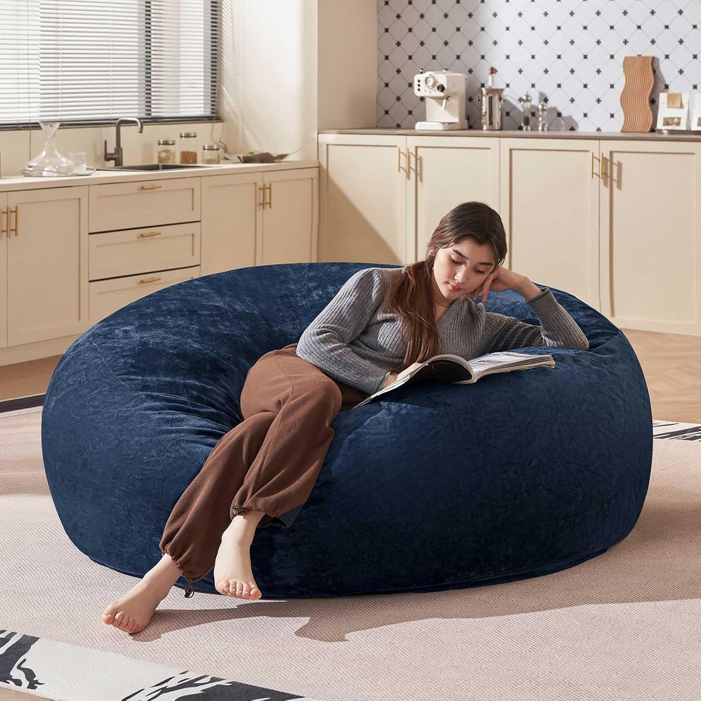 Bean Bag Chair 5Ft, Memory Foam Filled, Large Beanbag Chairs for Adults and Teens, Soft Sofa with Removable Flannel Cover, Round Couch for Living Room Bedroom College Dorm (Blue, 5FT-60×60"×24")