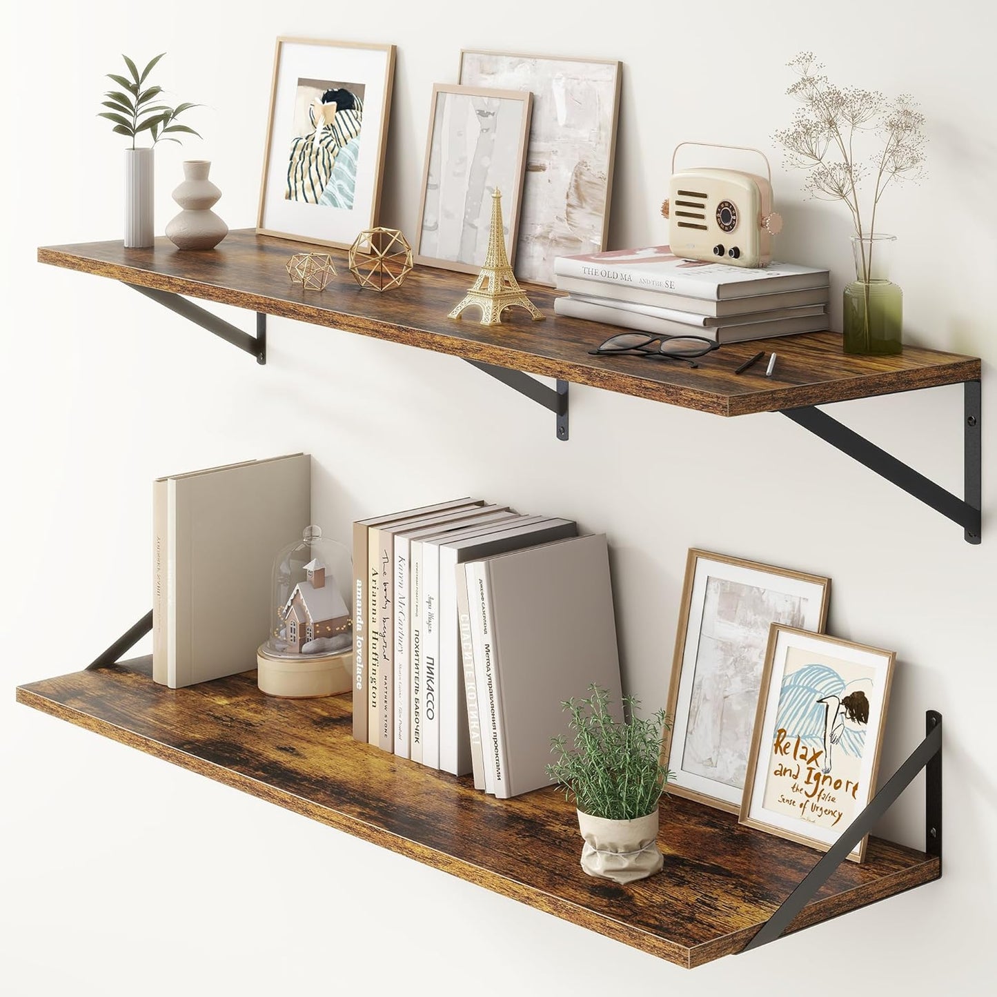 12 Inch Deep Floating Shelves,48W x 12D Floating Shelves, Deep Wall Shelves Bracket Set of 2, Large Display Floating Shelf for Bathroom, Living Room, Wide Storage Wooden Wall Shelf, Rustic Brown