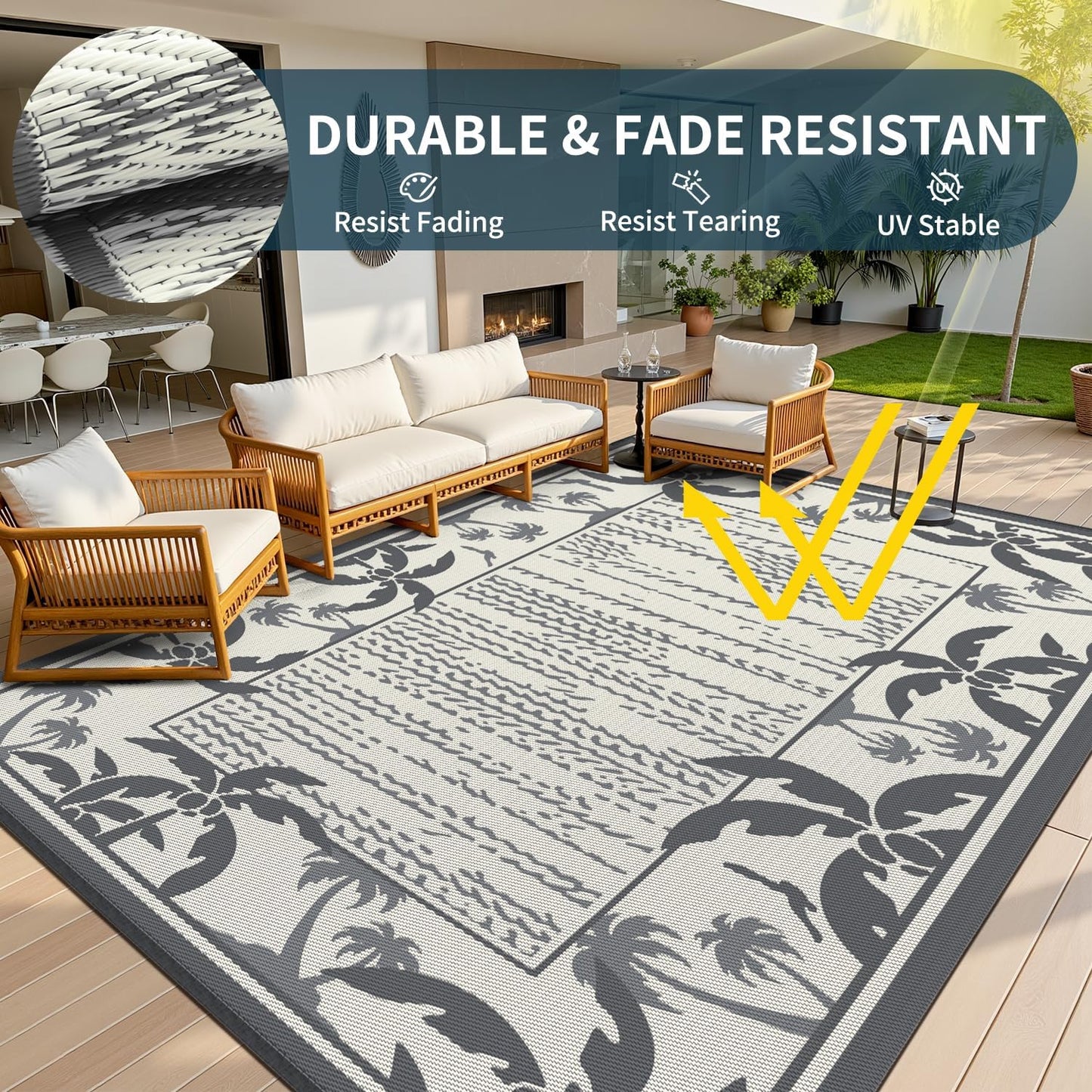 COCOER Outdoor-Rug 8x10 ft Waterproof Reversible Outdoor Plastic Straw Rug RV Indoor Outdoor Carpet Quick Dry Patio Rug Camping Mat for Balcony Backyard Picnic Beach-Grey&Beige