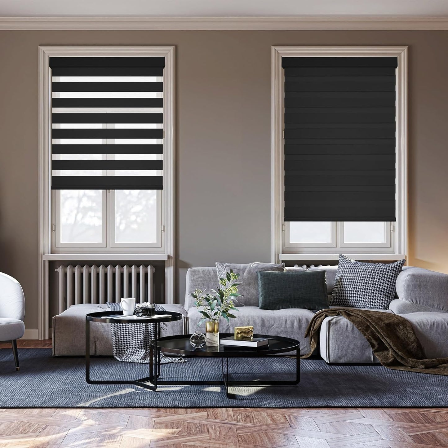 HESTIA Cordless Zebra Blinds Light Filtering Roller Shades UV Blocking Blackout Privacy Indoor Window Shades for Home Office Day and Night, Black,38" W x 48" H