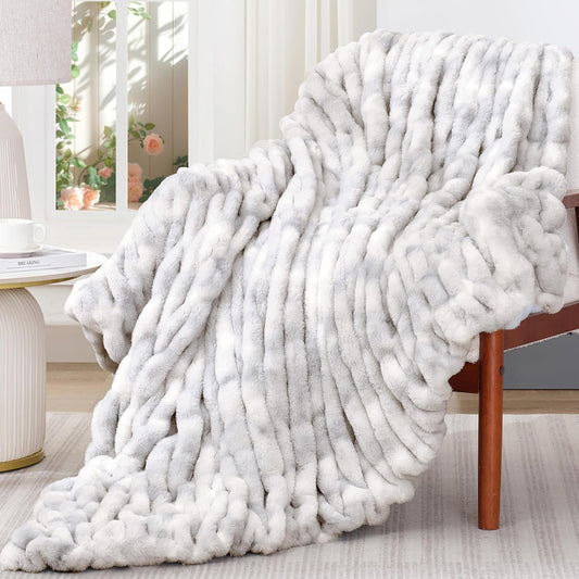 Touchat Ruched Faux Rabbit Fur Throw Blanket, 700 GSM Luxury Dual-Sided Soft Cozy Blanket, Fuzzy Fluffy Plush Blanket for Bed, Couch and Sofa - 50"x60", Tie-dye Gray