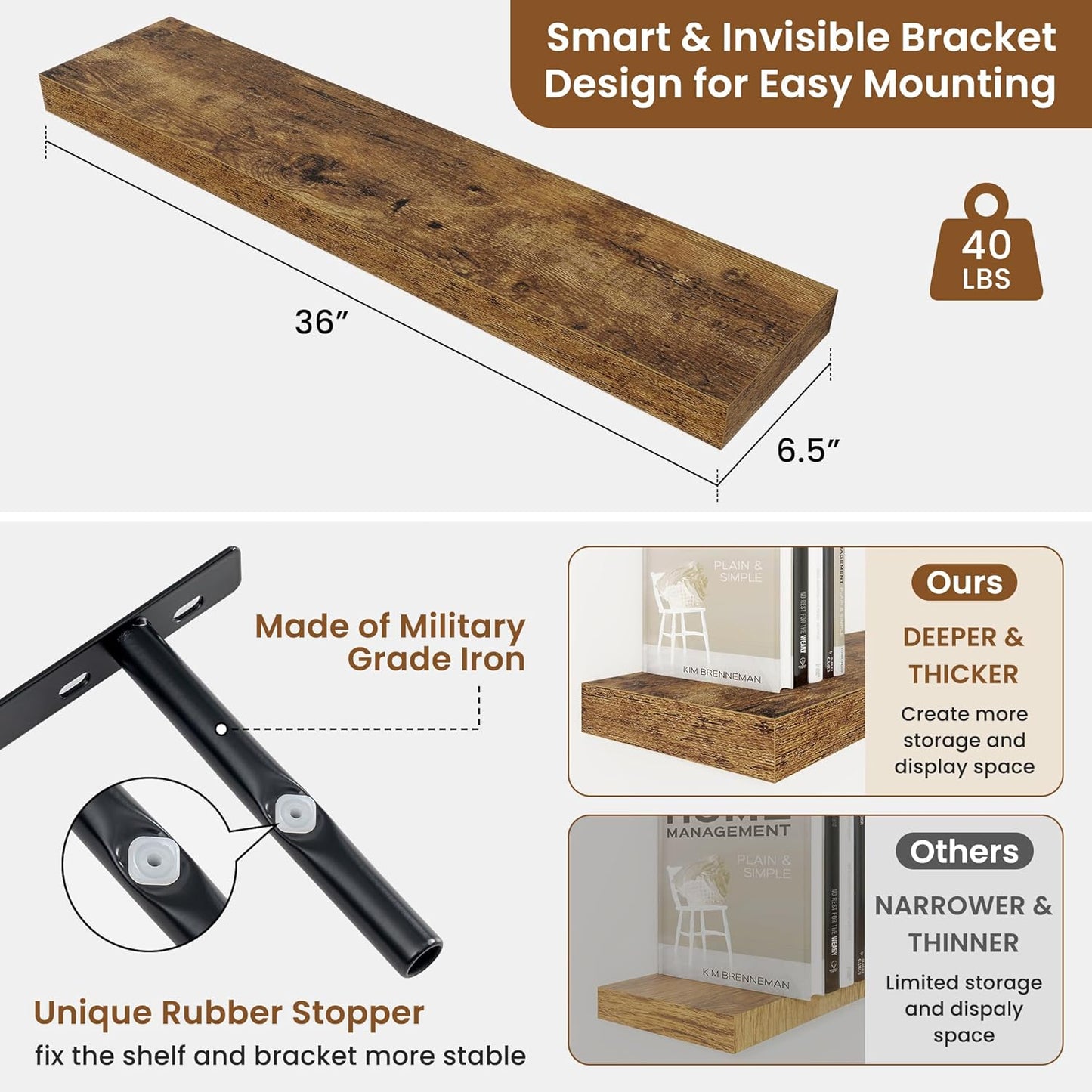 fuqing Floating Shelves for Wall, Bathroom Shelf Wall Mounted for Storage, Shelves with Invisible Bracket for Bedroom, Kitchen, Living Room, Farmhouse Small Book Shelf, 36 Inch Set of 2, Rustic Brown