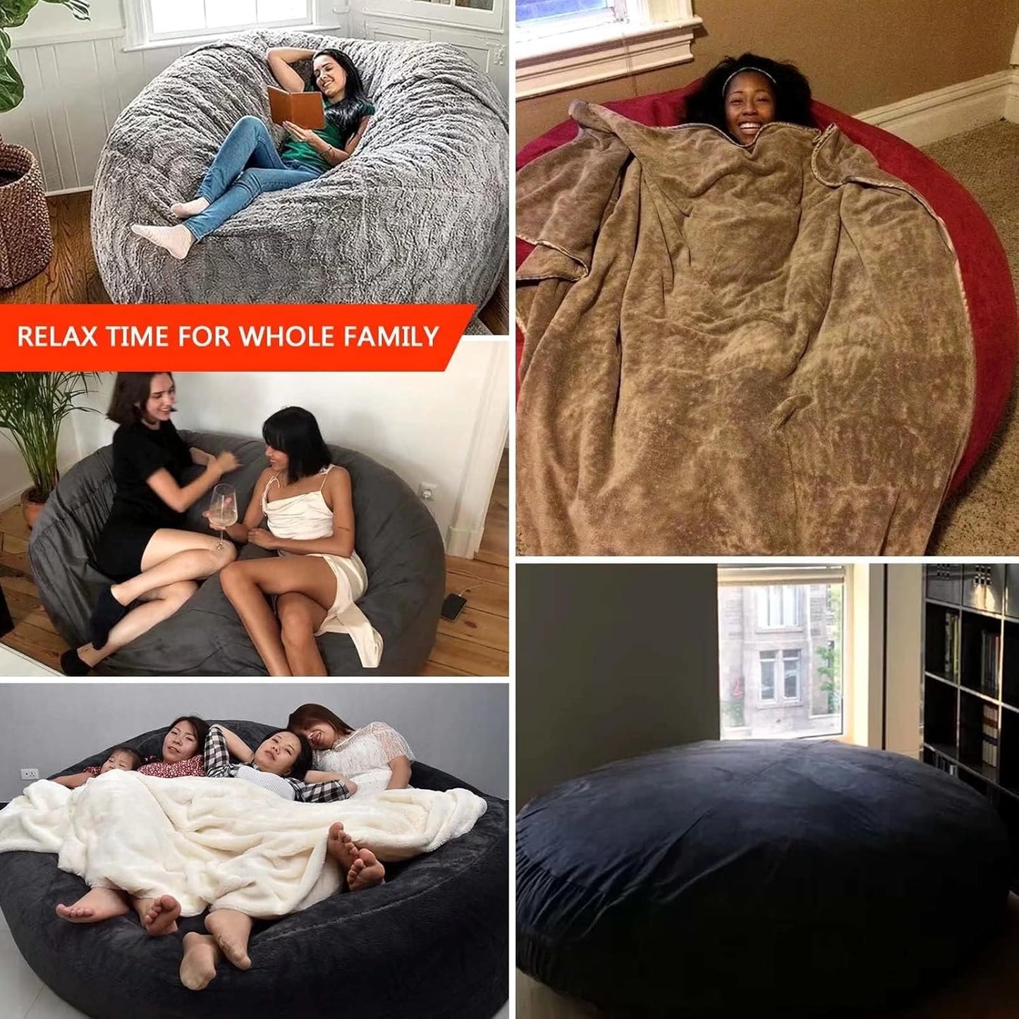 Big Huge Giant Bean Bag Chair for Adults, (No Filler) Bean Bag Chairs in Multiple Sizes and Colors Giant Foam-Filled Furniture - Machine Washable Covers, Double Stitched Seams (Snow Black,5FT)