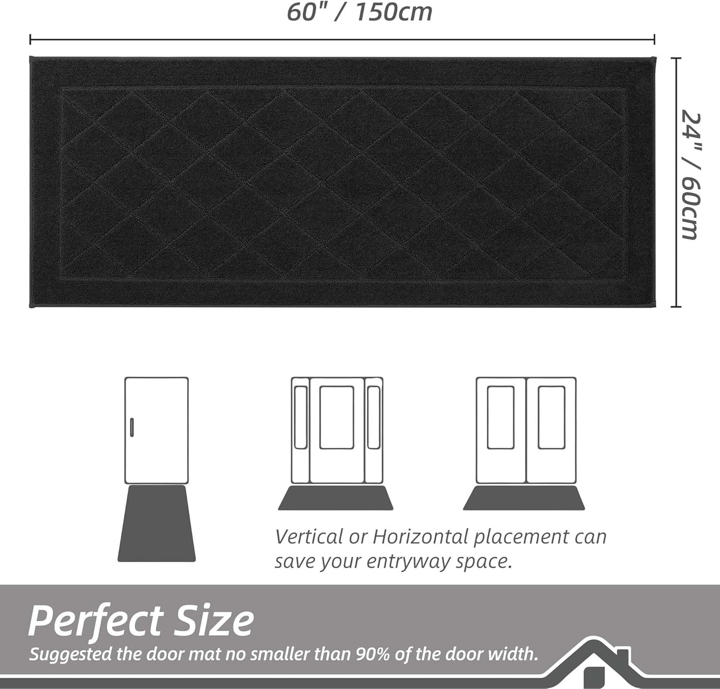BEQHAUSE Dirt Trapper Door Mat 24" x 60", Doormat Non-Slip Entryway Rugs Washable, Dog Door Mat Stain Resistant and Absorbent Welcome Floor Mat for Front Back Door, Muddy Wet Shoes & Paws, Black