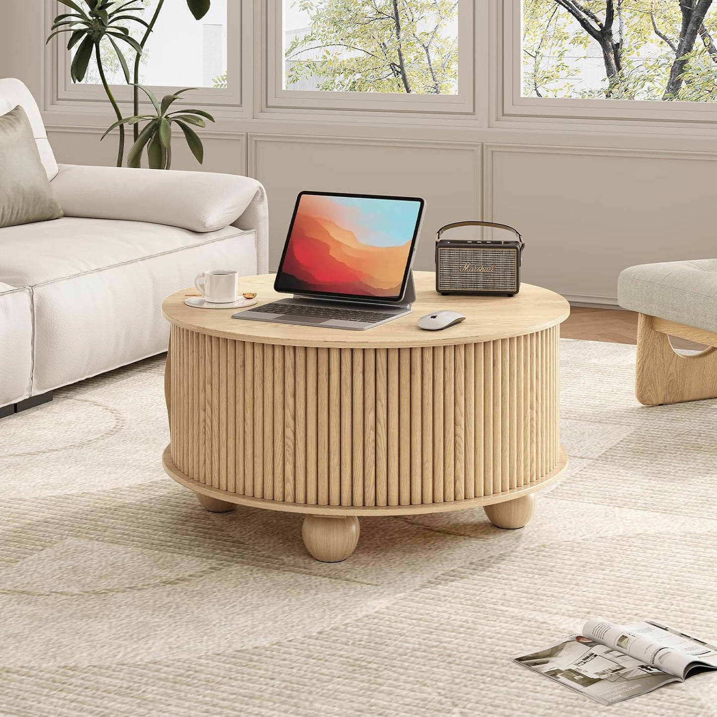 Round Coffee Table with Storage,Fluted Lift Up Coffee Table with Sliding Door,31.5" Drum Center Table with Bun Feet for Living Room,Home Small Space,Oak