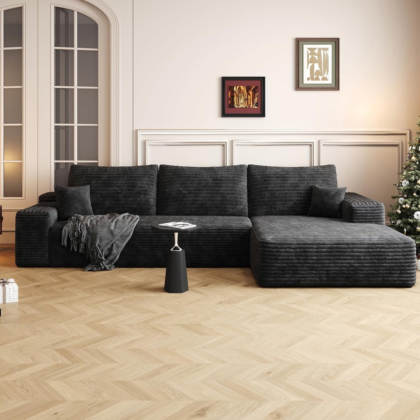 108" Sectional Couches for Living Room Modern Modular Sofa with L-Shape Couchs Upholstered Boneless Couch Deep Seat Sectional Couch with Chaise (Black, Right Facing Chaise+2Seaters)