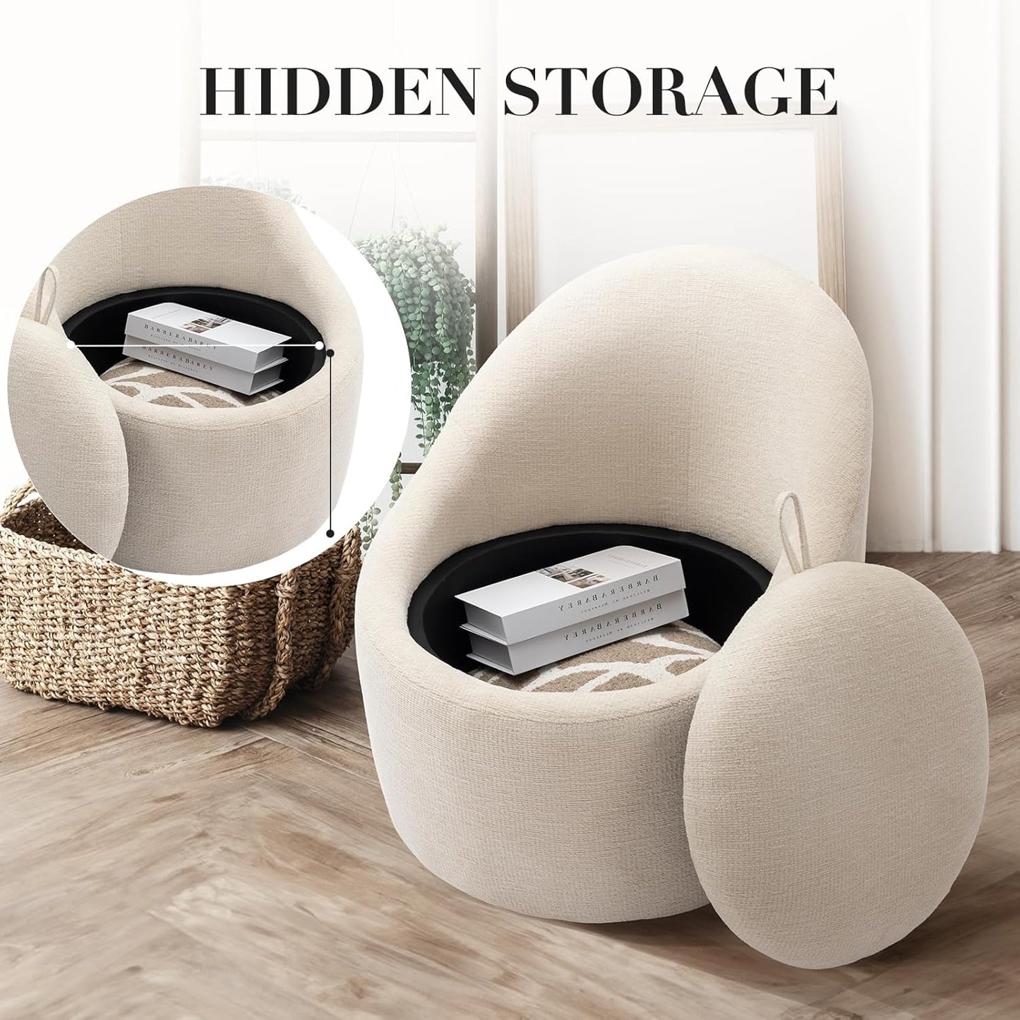 COLAMY Swivel Accent Chair, 360° Swivel Chair with Hidden Storage, Modern Small Barrel Swivel Armchair for Living Room/Bedroom, Beige