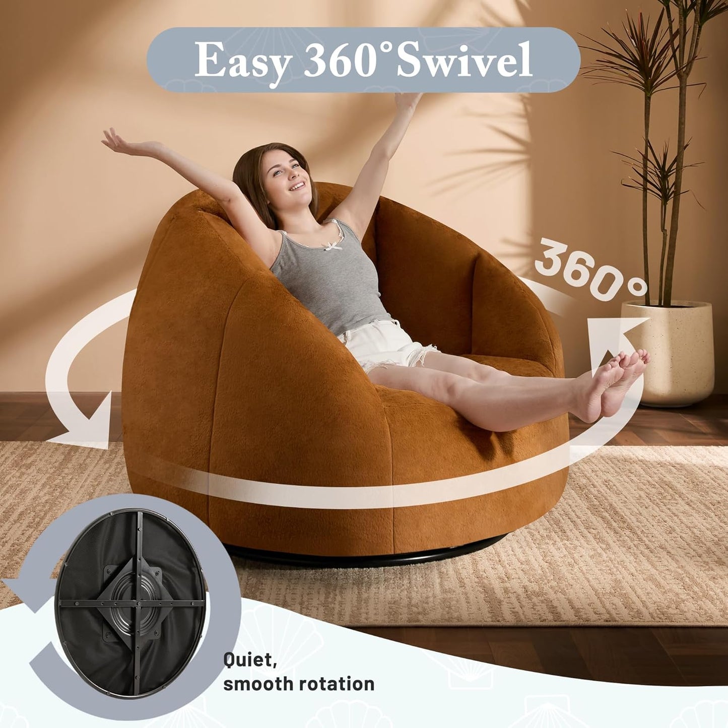 Giant Bean Bag Swivel Chair for Adults - Comfy Plush Round Shell Soft Accent Chair, Oversized Cozy Floor Sofa for Living Room, Bedroom & Game Rooms, Orange