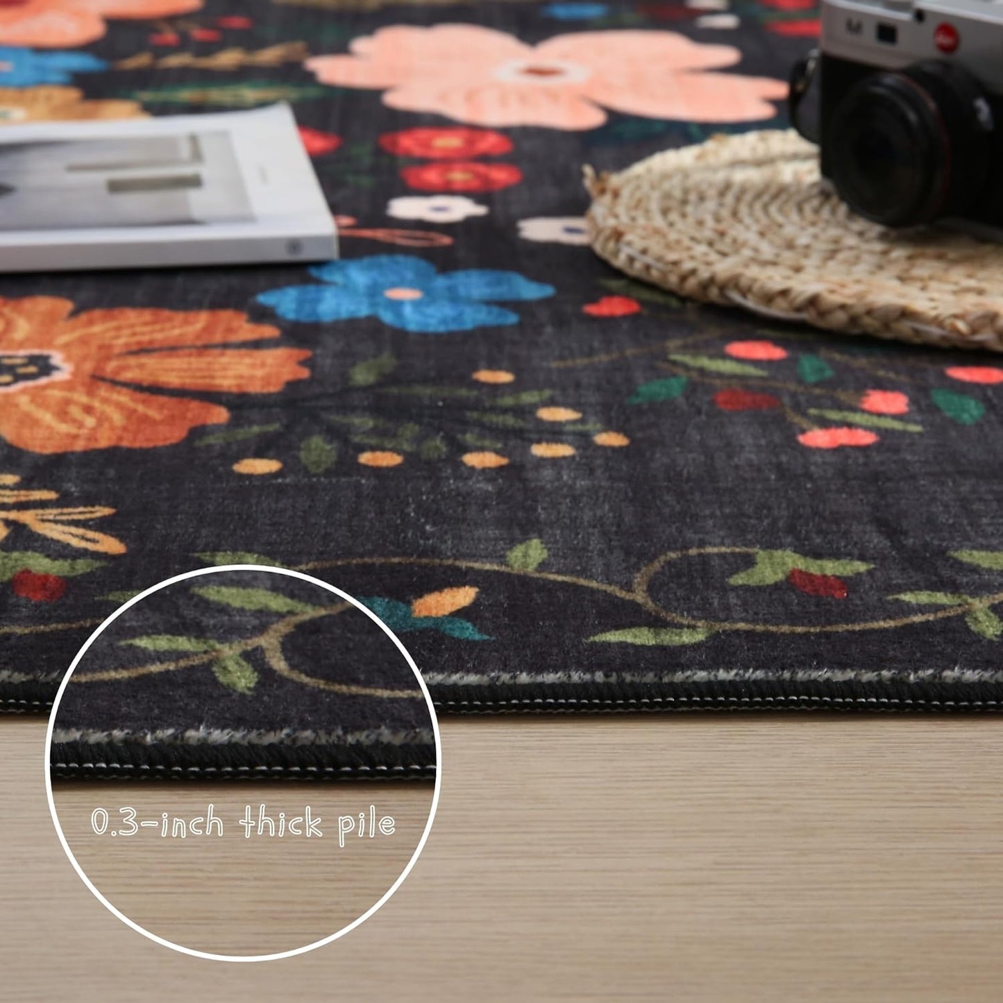 Round Rug 6ft Washable Circle Rug Non Slip Low Pile Boho Floral Small Circular Rug for Bedroom, Bathroom, Entryway, Kids Room, Office, College Dorm(Black)