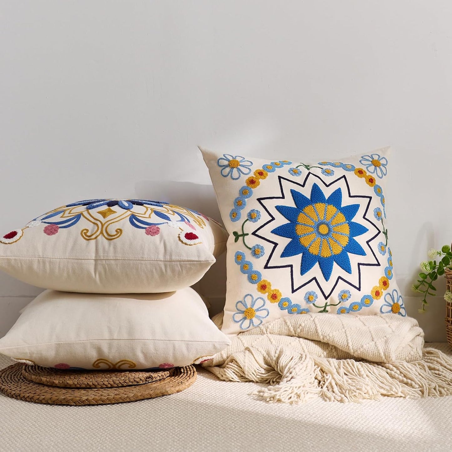Embroidered Throw Pillow Cover 18x18 Classic Boho Floral Pattern Pillows Cover Outdoor Decorative Pillowcase,Durable Cozy Textured Cushion Case for Sofa Couch Bed Living Room,Blue Orange