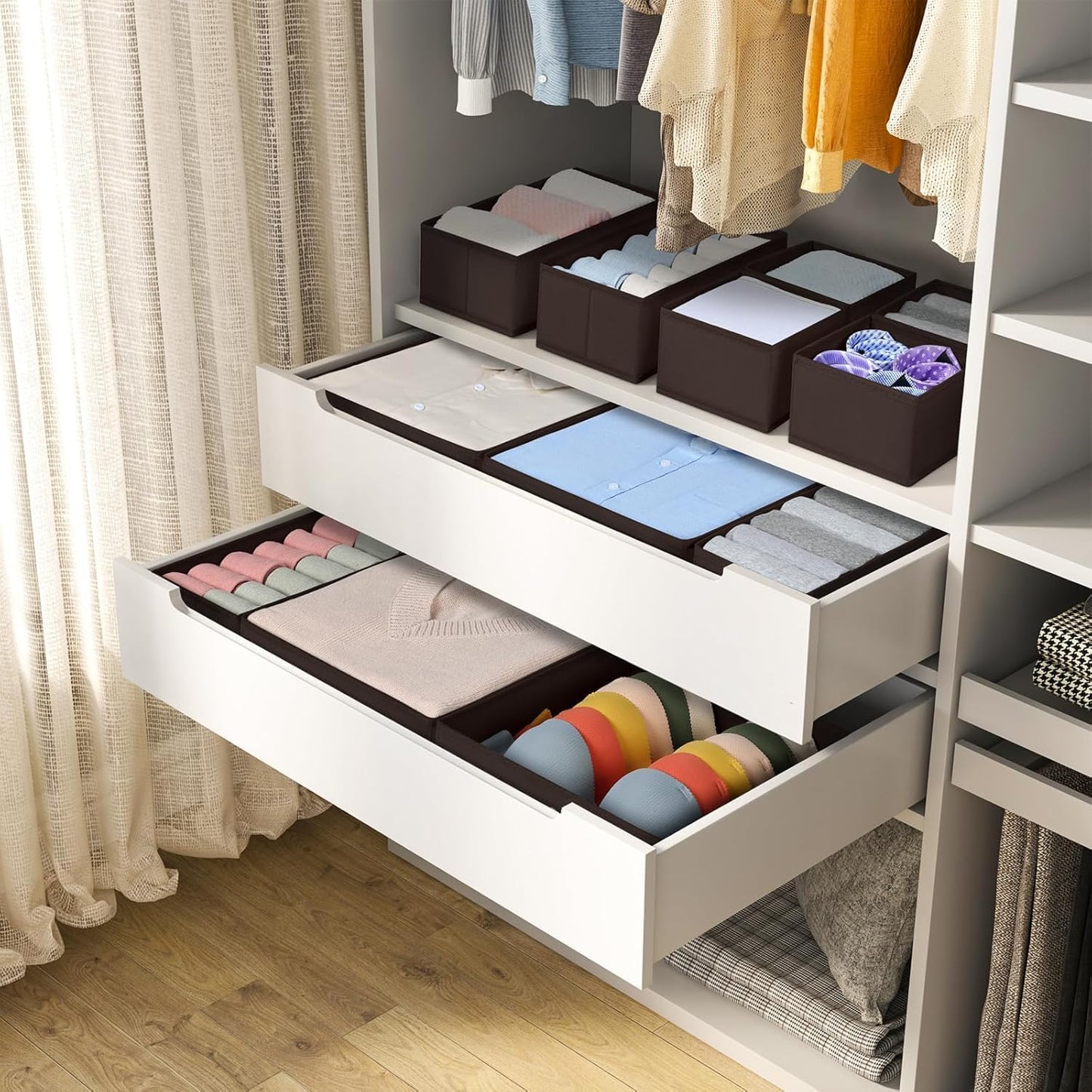 DIMJ Drawer Organizer 15 Pack - Foldable Baby Organizers and Storage & Dresser Organizer for Nursery, Bedroom, Closet - Nursery Organization Dresser Dividers for underwear, Sock, Bra, Belt, Tie, Brown