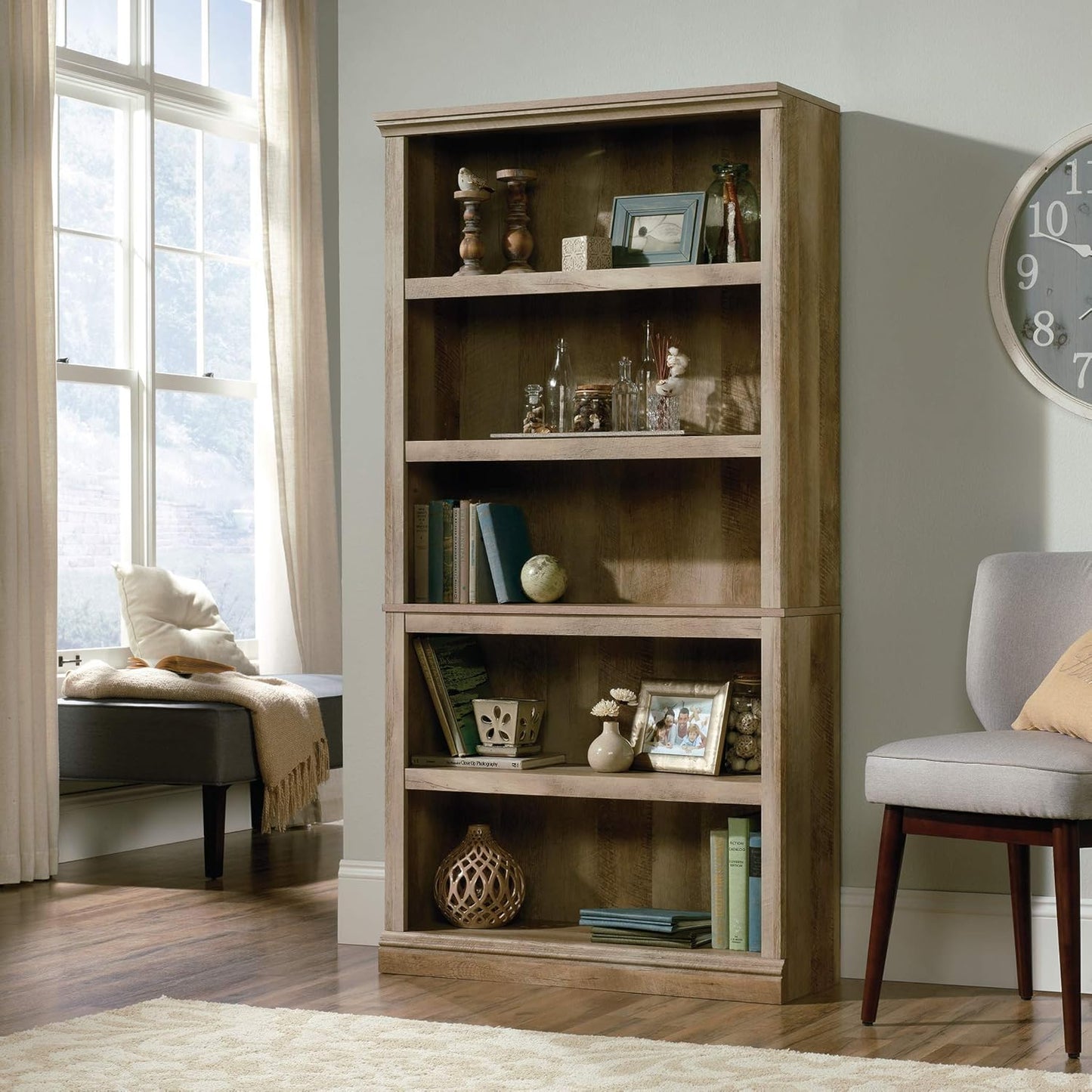 Sauder 5 Tier Book Shelf Wooden Bookcase Multipurpose Bookshelf for Home Office, Living Room, in Lintel Oak