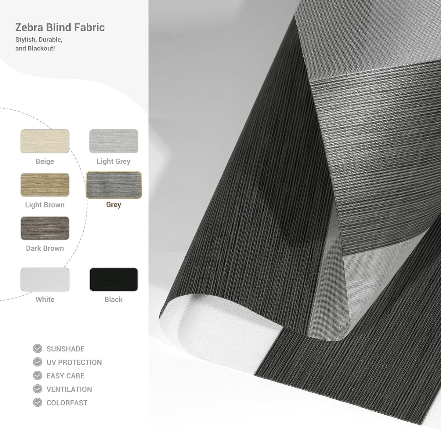 Cordless Zebra Blinds for Windows, Blackout Interior Blinds,Easy to Install,UV Protection,for Offices and Home,Custom Roller Shades, Mousse Grey,65" W x 56" H