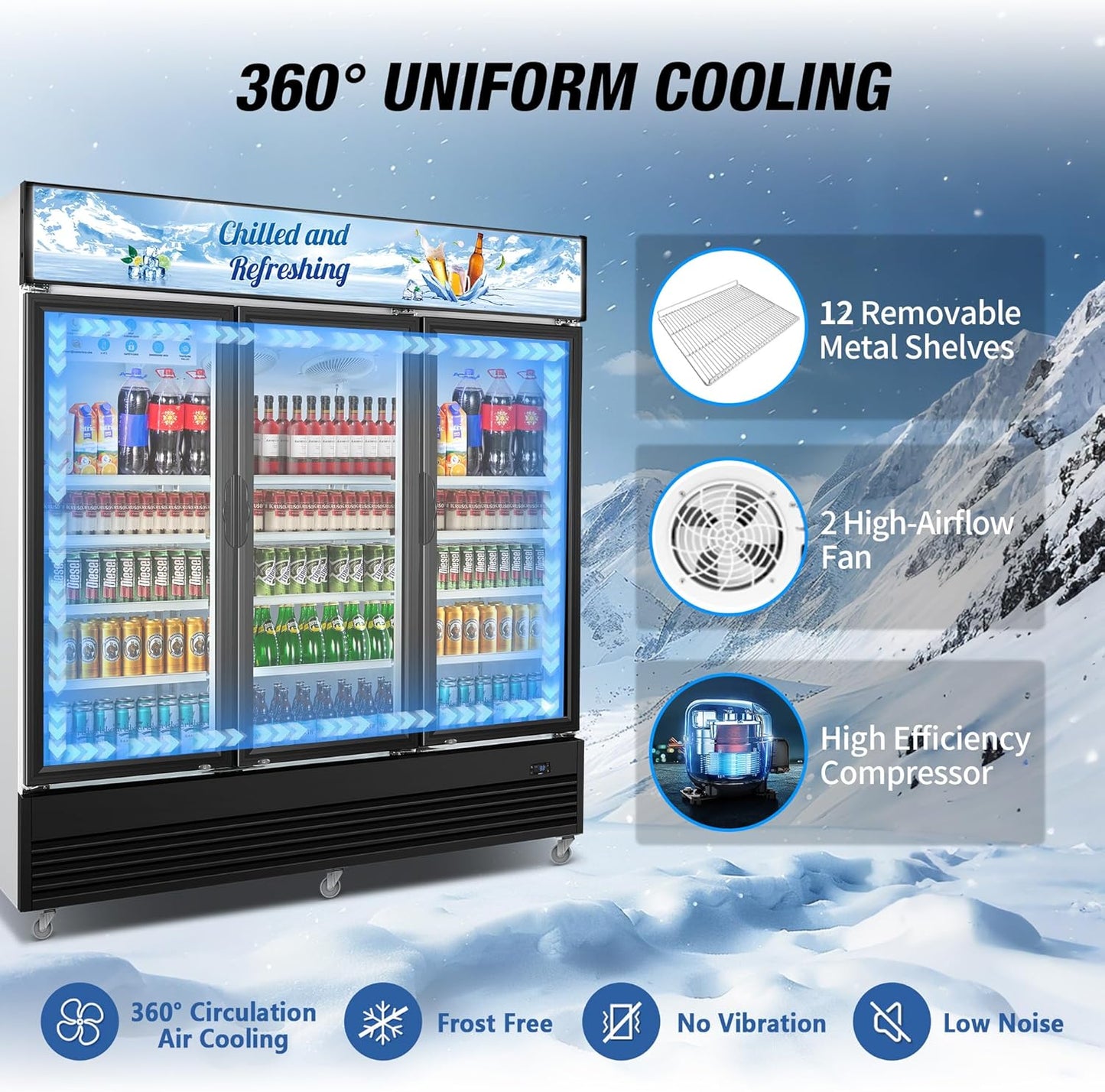Commercial Beverage Refrigerator, 75" W 60 Cu. Ft. Commercial Drink Fridge, Display Refrigerator with 3 Glass Door, Commercial Display Fridge with 12 Adjustable Shelves, for Shop, Restaurant, Bar