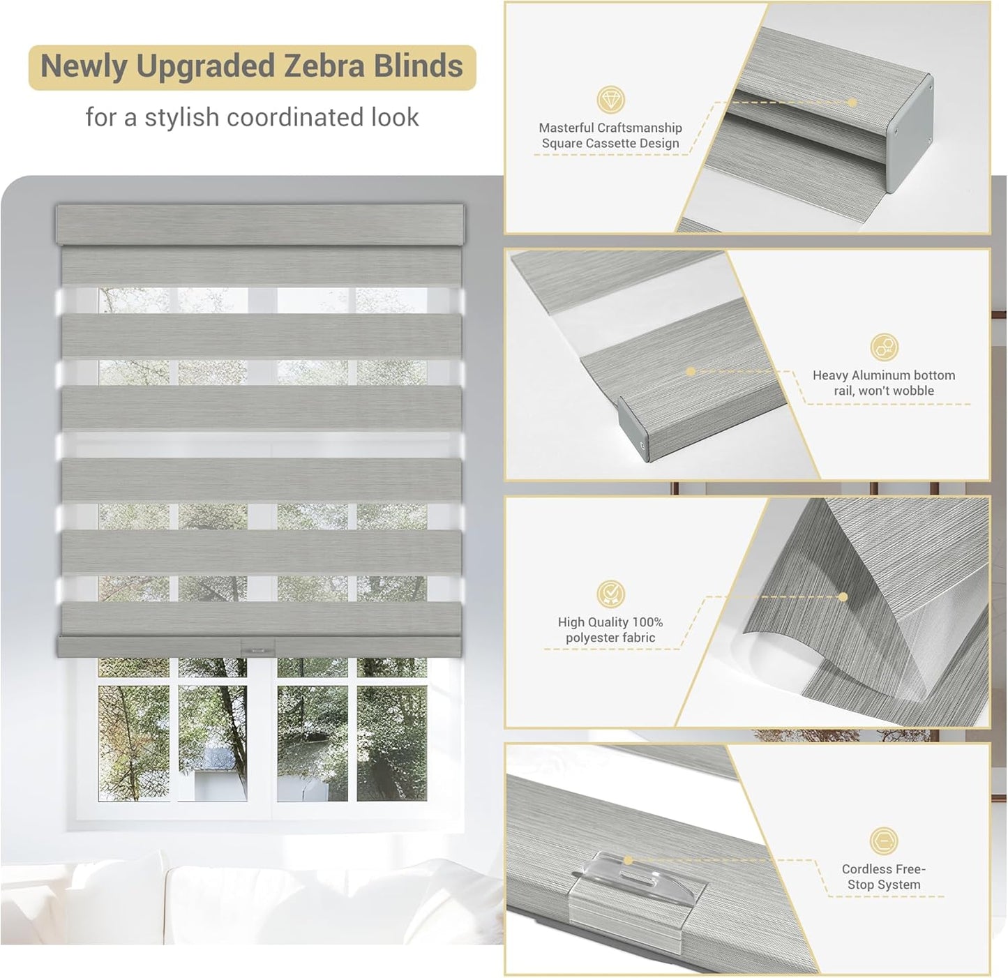 Cordless Zebra Blinds for Windows, Blackout Interior Blinds,Easy to Install,UV Protection,for Offices and Home,Custom Roller Shades, Mousse Light Grey,58" W x 88" H