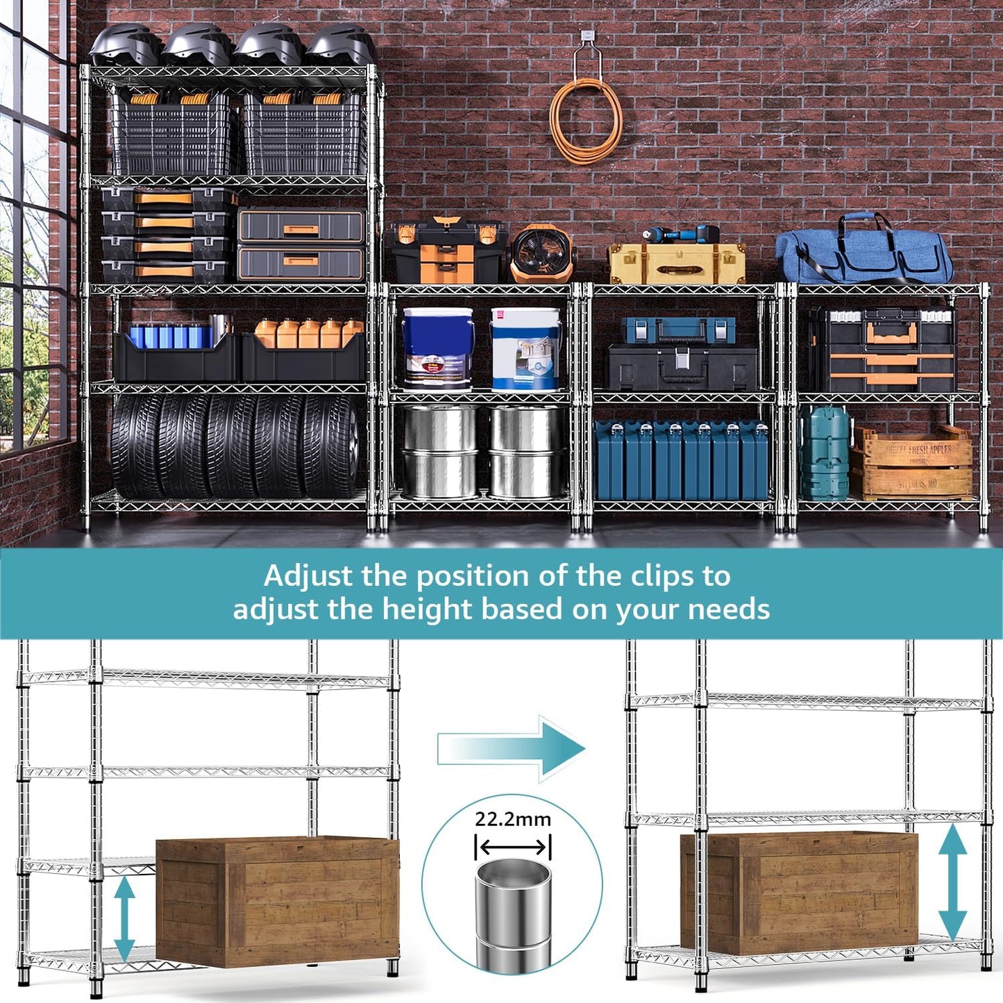 5-Shelf Storage Shelves,Wire Shelving Heavy Duty Metal Storage Shelving Unit Adjustable Garage Shelving Rack Pantry Kitchen (Chrome, 5 Tier,17.7" D x 47.2" W x 76.7" H)