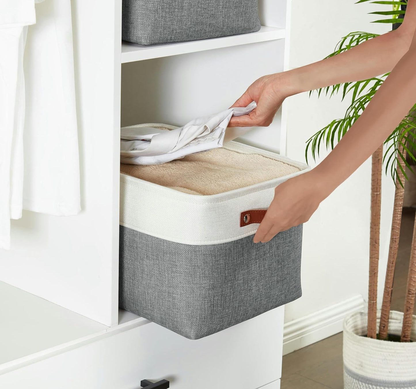 DECOMOMO Storage Bins Fabric Storage Baskets for Shelves, Linen Closet Organization Toys Nursery (Slate Grey and White, Large - 4 Pack)