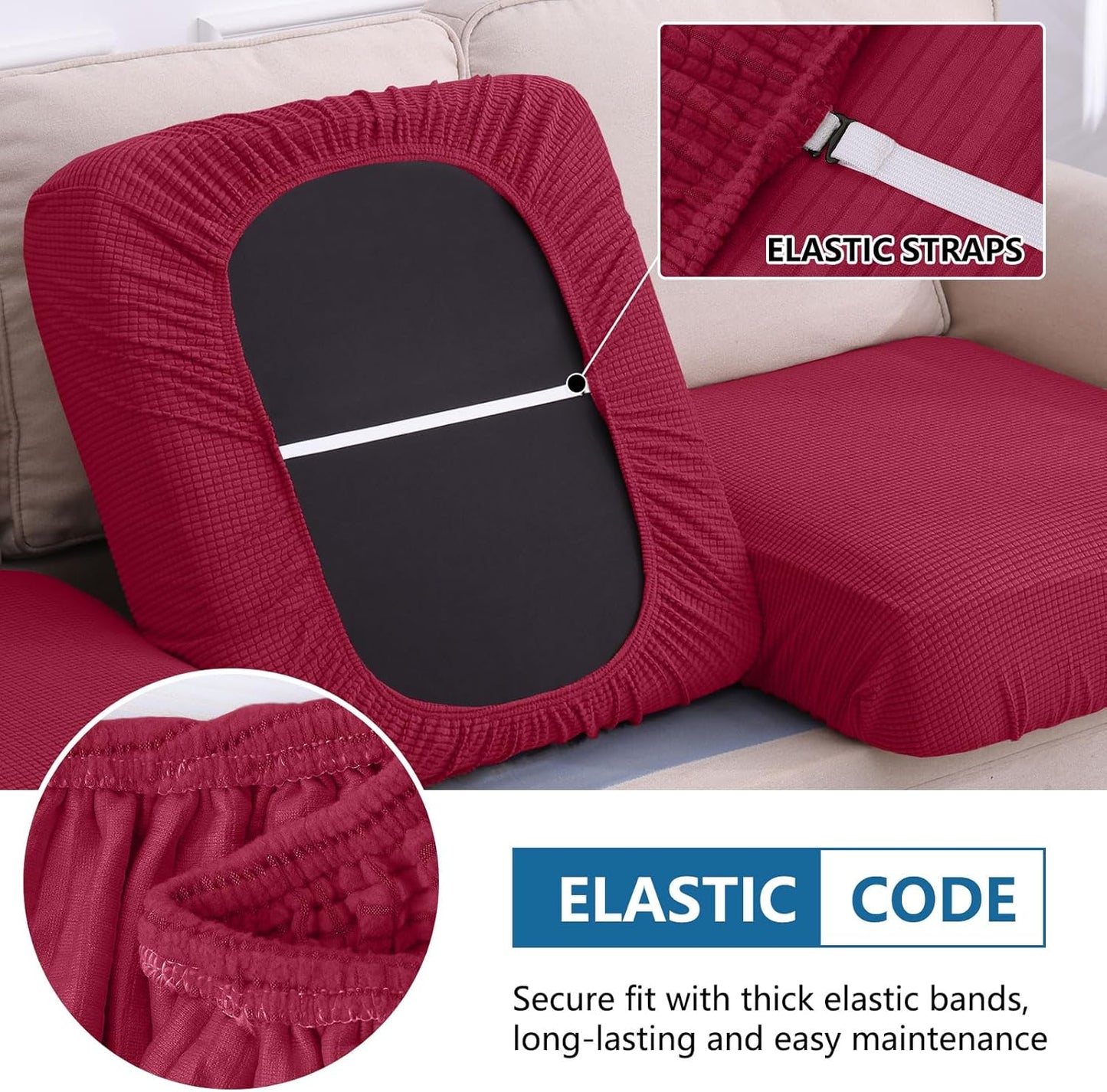 hyha Waterproof Couch Cushion Covers for Pets, Non Slip Sofa Seat Cover for Dogs Washable, Soft Thick Stretch Jacquard Fabric, Sofa Slipcovers with Elastic Bottom (3 Pieces, Wine Red)