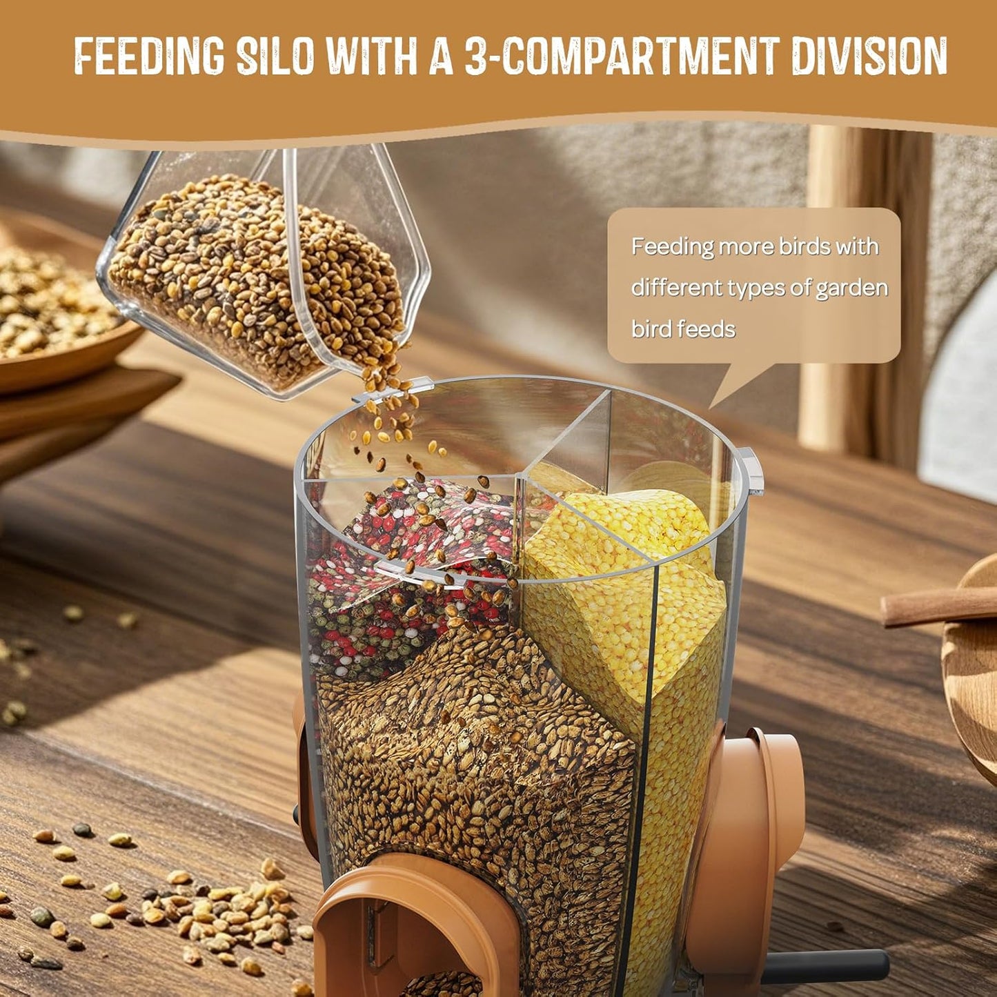 LONA Bird Feeders for Outdoors Hanging – 3 Separate Compartments, 3 Feeding Ports, Weatherproof Dome & 3 Ways to Hang, Large Capacity for Cardinals/Finches (Brown，Plus