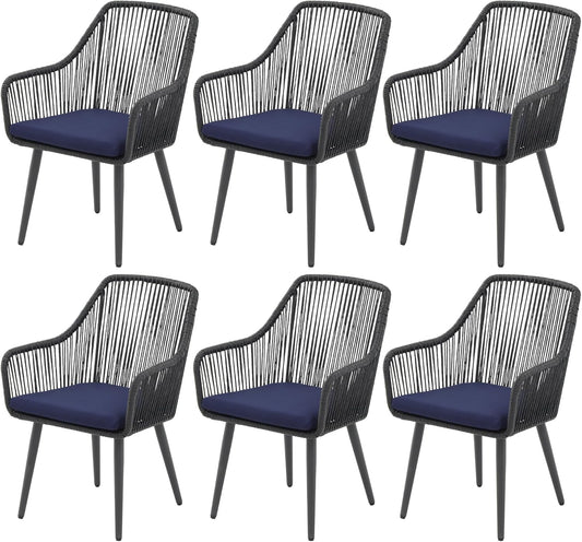 Patiorama Outdoor Dining Chairs, Patio Dining Chair Set of 6, All-Weather Woven Rope Rattan Chairs, Outdoor Dining Wicker Chair with Armrests for Indoor Balcony Pool Backyard(Blue)