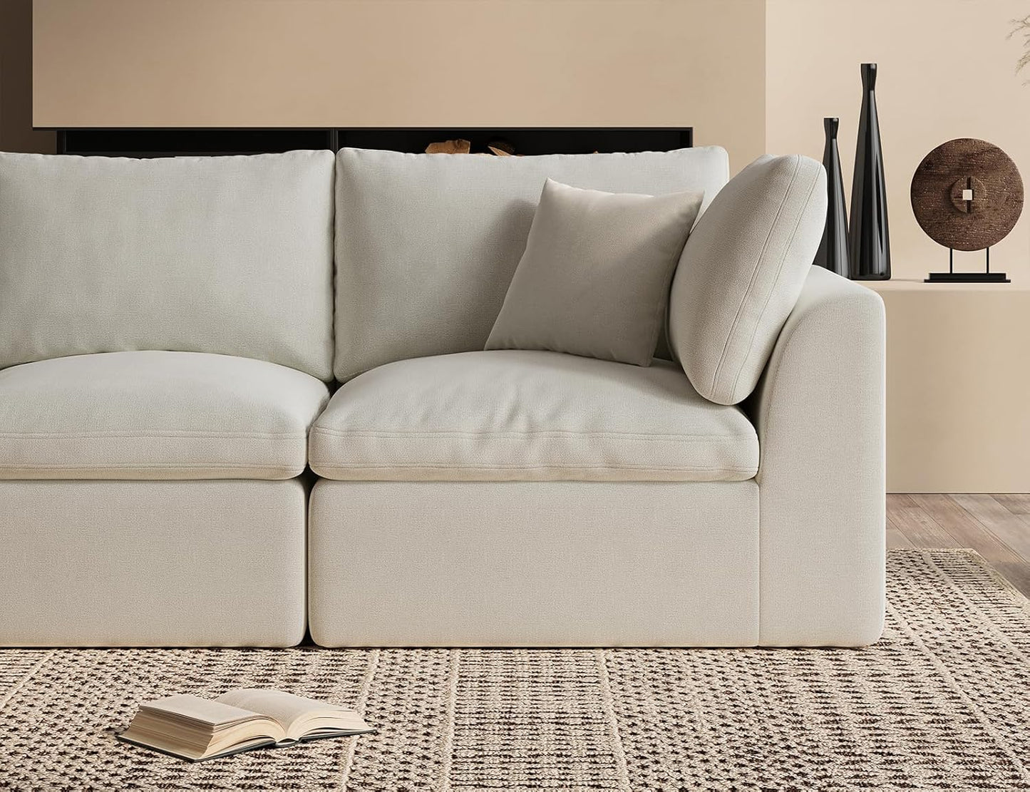 110" Cloud Sectional Couches for Living Room, Convertible L-Shape Couch with Ottoman, 3 Seater Modular Sectional Sofa, Warm White