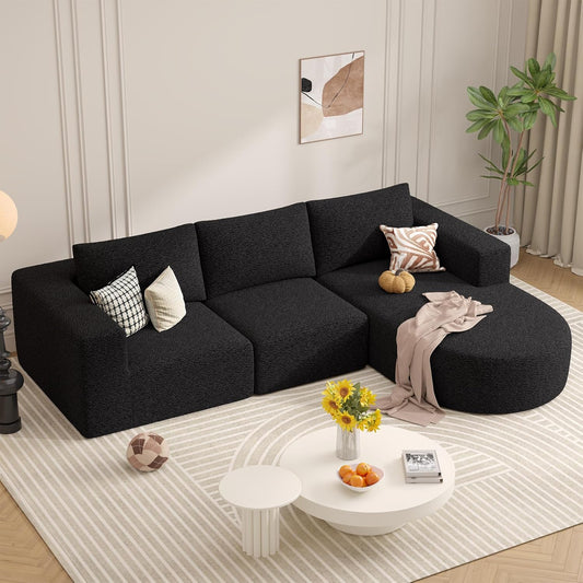 Modular Sectional Sofa with L-Shape Chaise,Cloud Sectional Modern Sleeper Couch with Deep Seat,Sponge Compression Sofas No Assembly Required(Black-Sherpa Fabric) 1PCS
