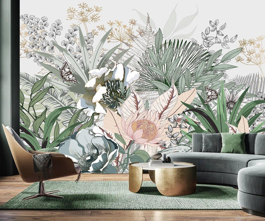 AFZEVEB-Tropical Jungle Wallpaper Botanical Large Floral Wall murals for Bedroom 136"x96" (Not Peel and Stick)