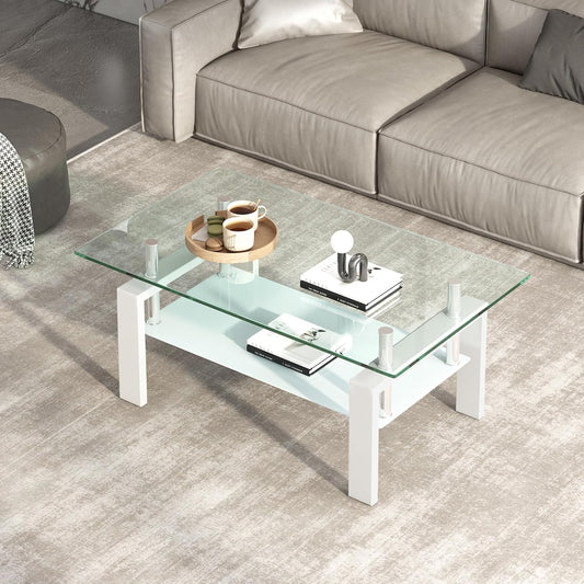 Glass Coffee Table Rectangle White Living Room Center Table, 39inch Transparent Tempered Glass Tabletop and Metal Frame, White + Clear Glass