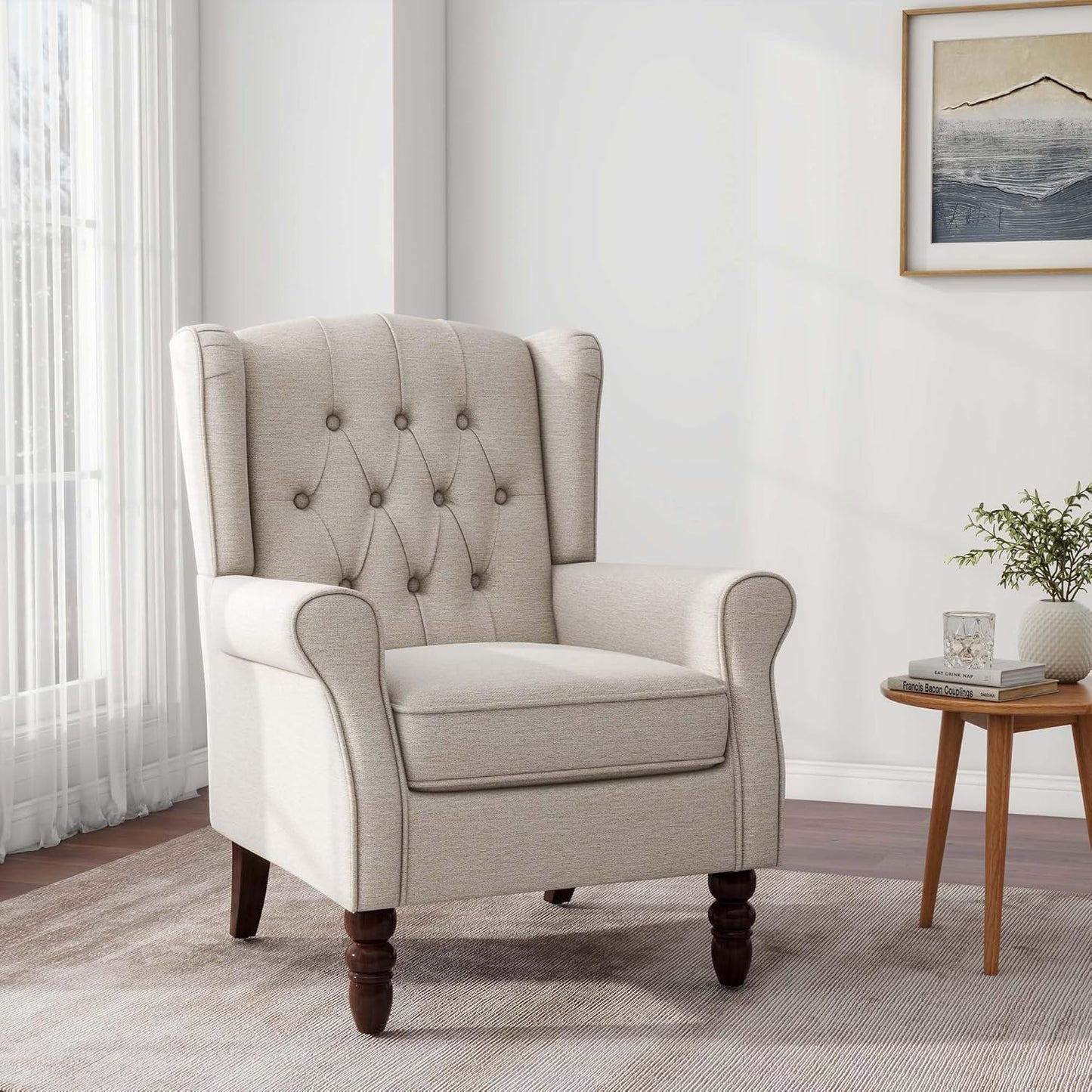 Accent Chair, Upholstered Armchair with Button Tufted High Back & Solid Wood Legs, Comfy Wingback Reading Single Sofa Chair for Small Spaces, Living Room, Bedroom (Beige, Set of 1)