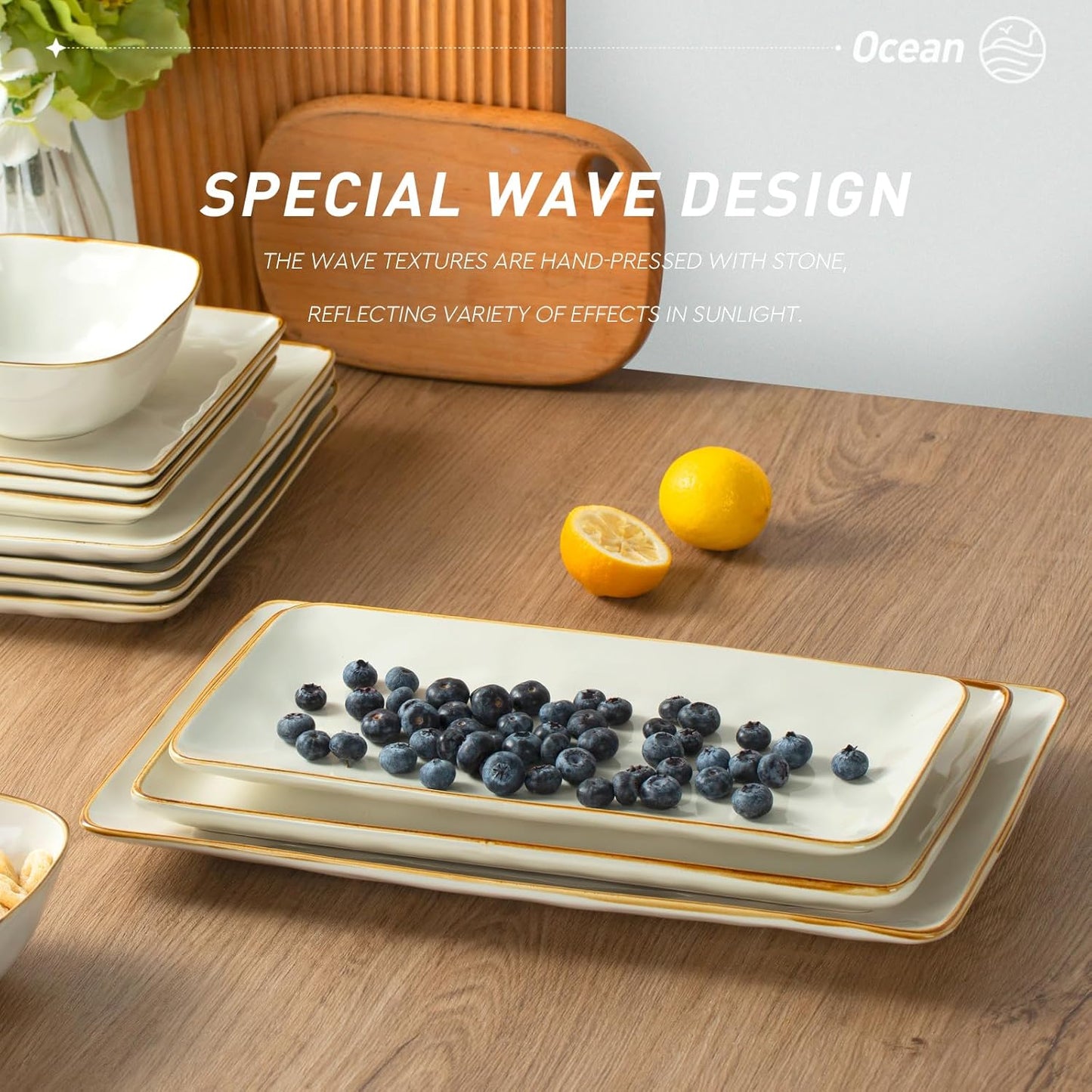 famiware Serving Platter, Rectangular 15.67/14.1/12.6inch Serving Dishes for Entertaining, Microwave Dishwasher Safe, Stoneware Serving Trays for Party, Turkey, Cheese, Ocean Series, Vanilla White