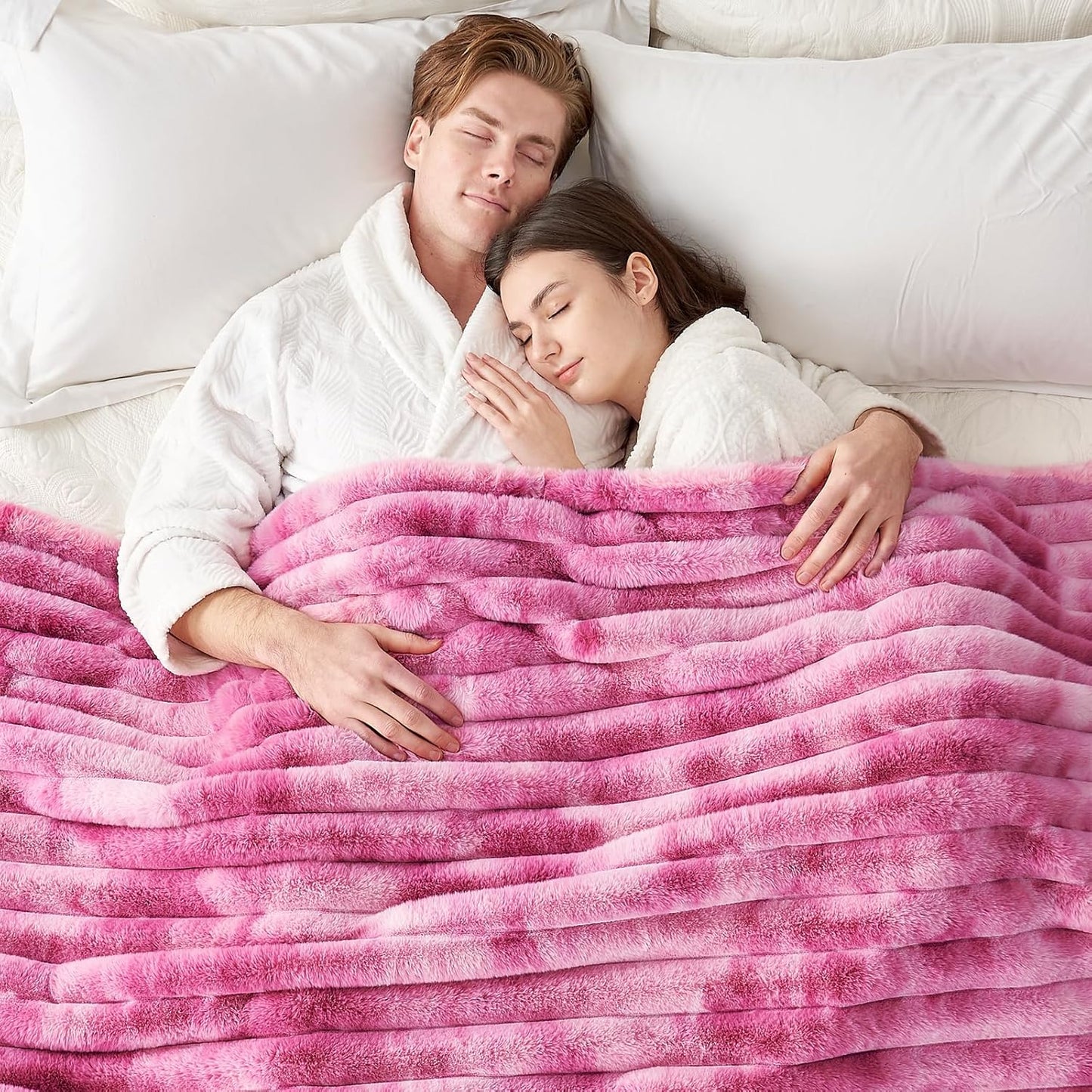 Cozy Bliss Faux Fur Throw Blanket for Couch, Cozy Warm Plush Striped Blanket for Sofa Bedroom Living Room,60 * 80 Inches Tie-dye Pink