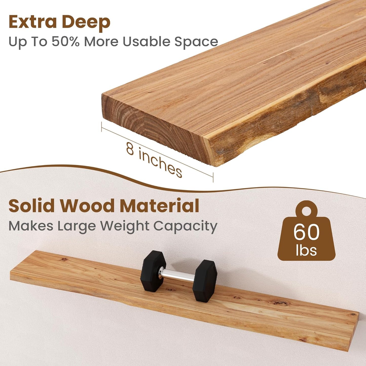 Floating Shelves for Wall Decor, Rustic Solid Elm Wood Live Edge Floating Shelves Wall Mounted, Wall Shelves with Invisible Bracket for Living Room Bathroom Bedroom Kitchen, 48 Inch, Natural