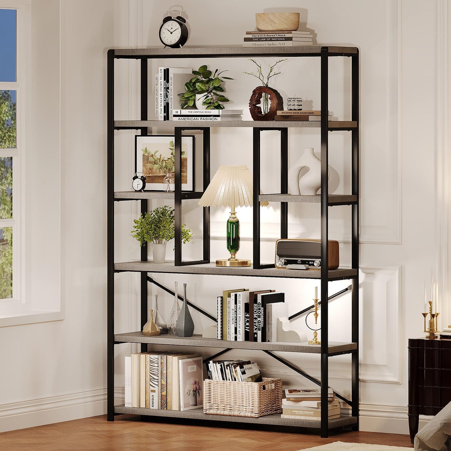 LVB Industrial 6 Tier Bookshelf, Large Tall Open Rustic Vintage Etagere Bookcase, Gray Big Wide Modern Farmhouse Wood and Metal Book Shelf for Home Bedroom Living Room Office Storage, Light Grey Oak