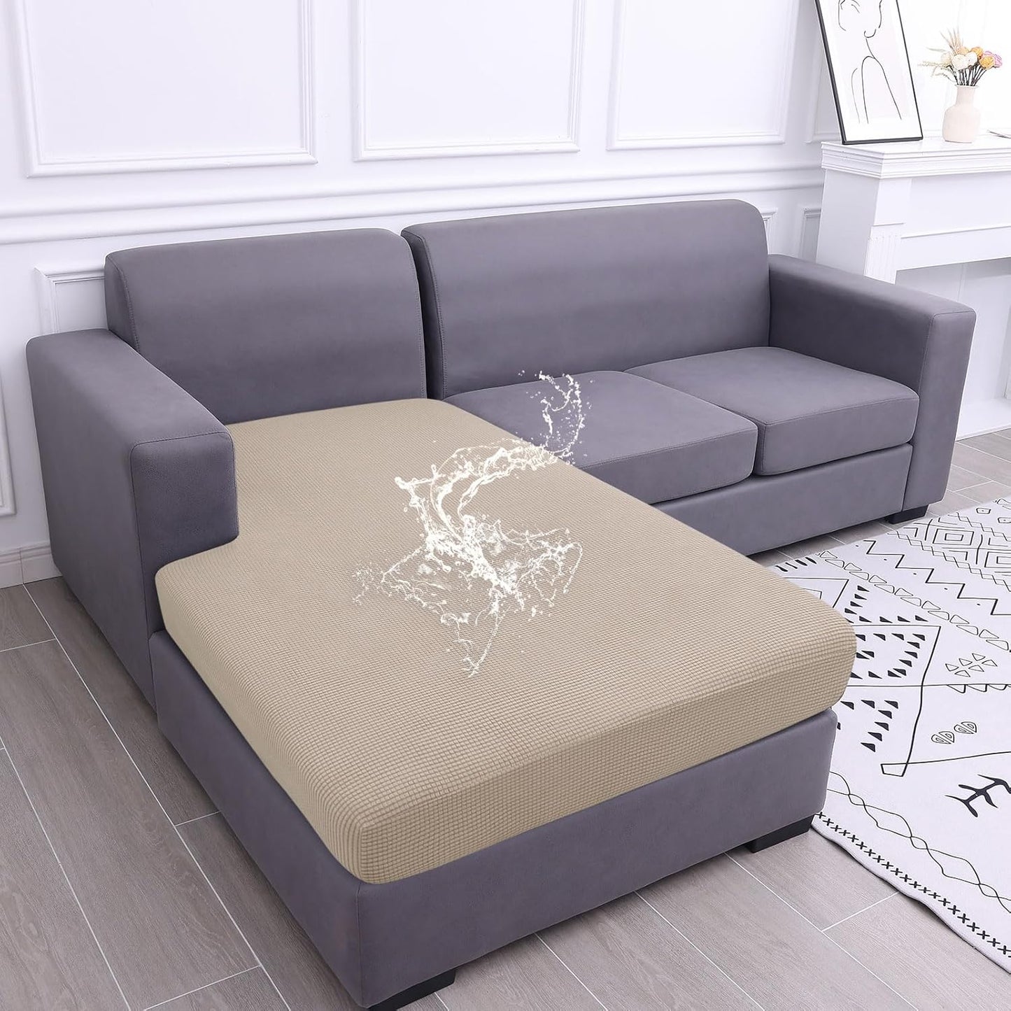 hyha Waterproof Sectional Couch Covers, Non Slip Sofa Couch Cushion Covers L Shape, Thick Stretch Jacquard Fabric, Washable Sofa Slipcovers with Elastic Bottom (1 Piece for Chaise, Taupe)