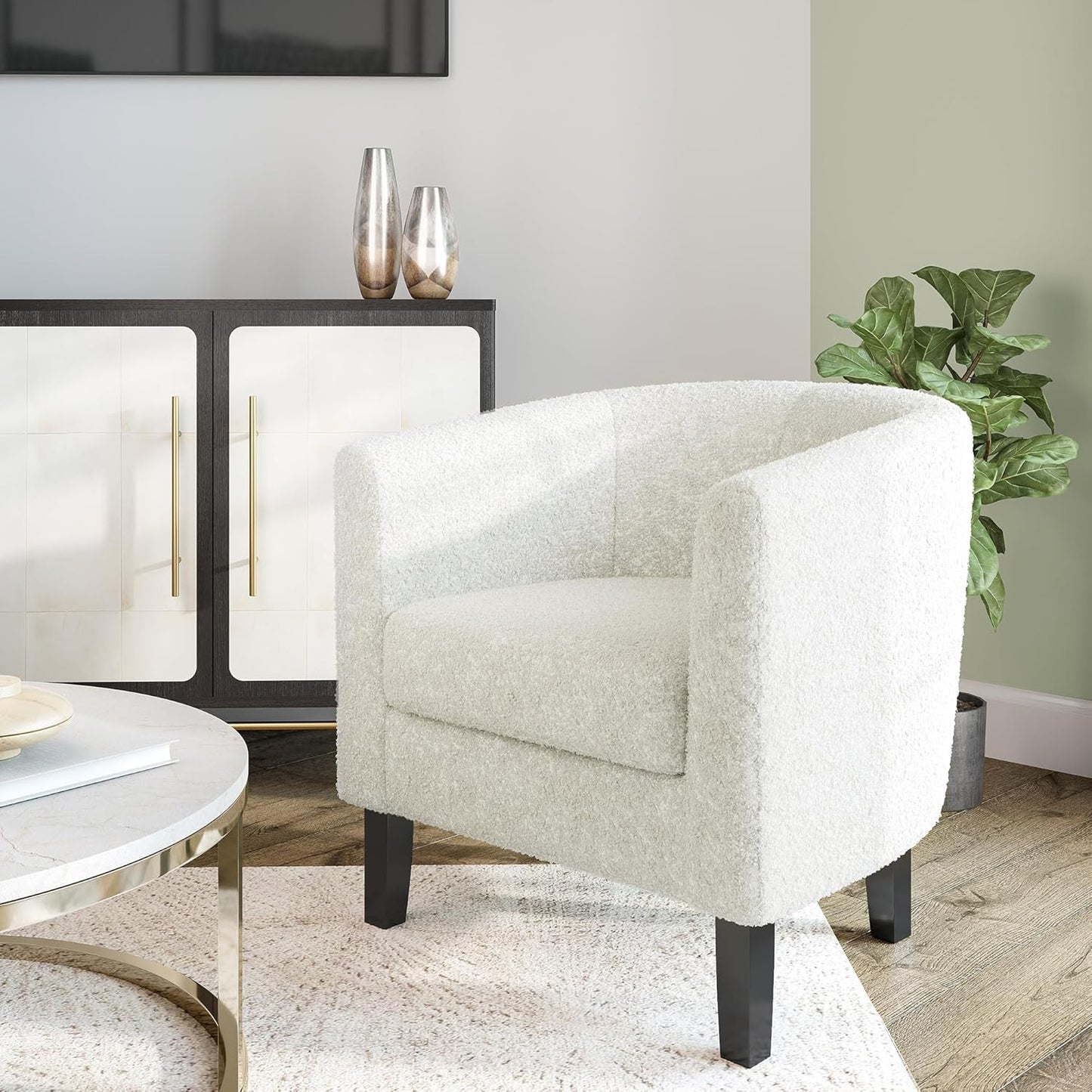BELLEZE Accent Barrel Chair, Linen Round Chair Club Tub Sofa Corner Chair with Flared Legs and Cozy Soft Padding for Living Room Bedroom Waiting Room - Teddy White