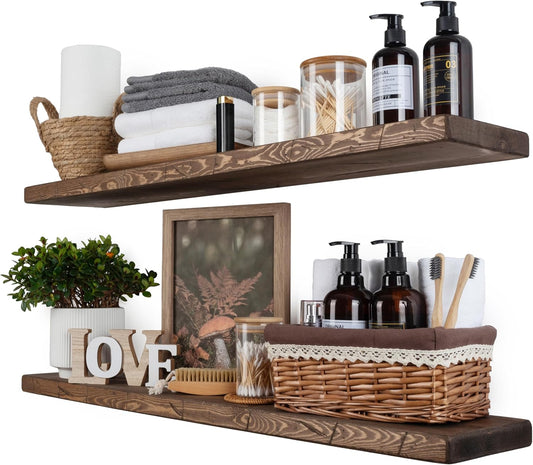 BGMG Floating Shelves 36 inch Long, Distressed,Wide Rustic Wooden Wall Shelves for Bathroom Living Room Bedroom Kitchen Farmhouse Set of 2-36x6.7x1.25 inch-Distressed Walnut