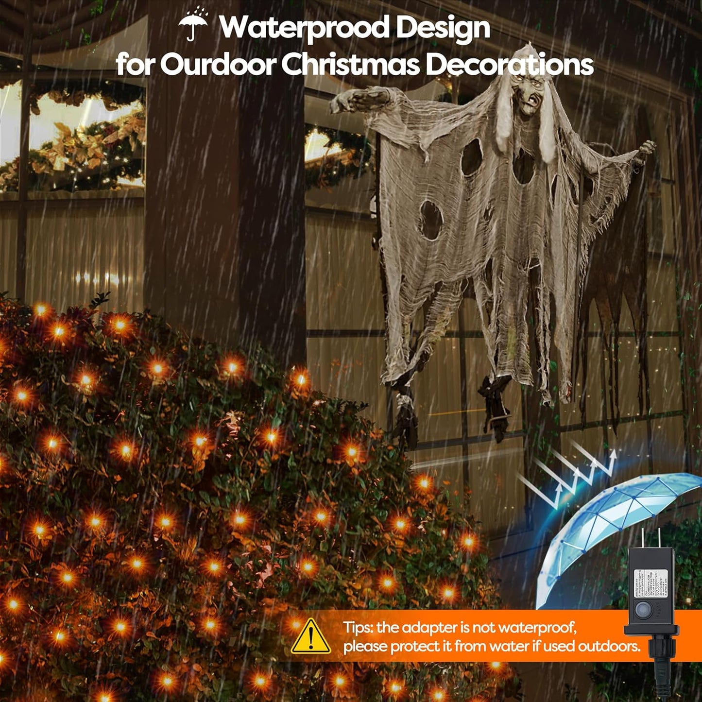 WBao Halloween Lights Outdoor 360LED 11.5ft x 6.9ft Halloween Net Lights with 8 Modes, Timer, Connectable, Waterproof & Dark Green Wire for Lawn, Bushes, Shrubs Outdoor Holiday Decorations, Orange