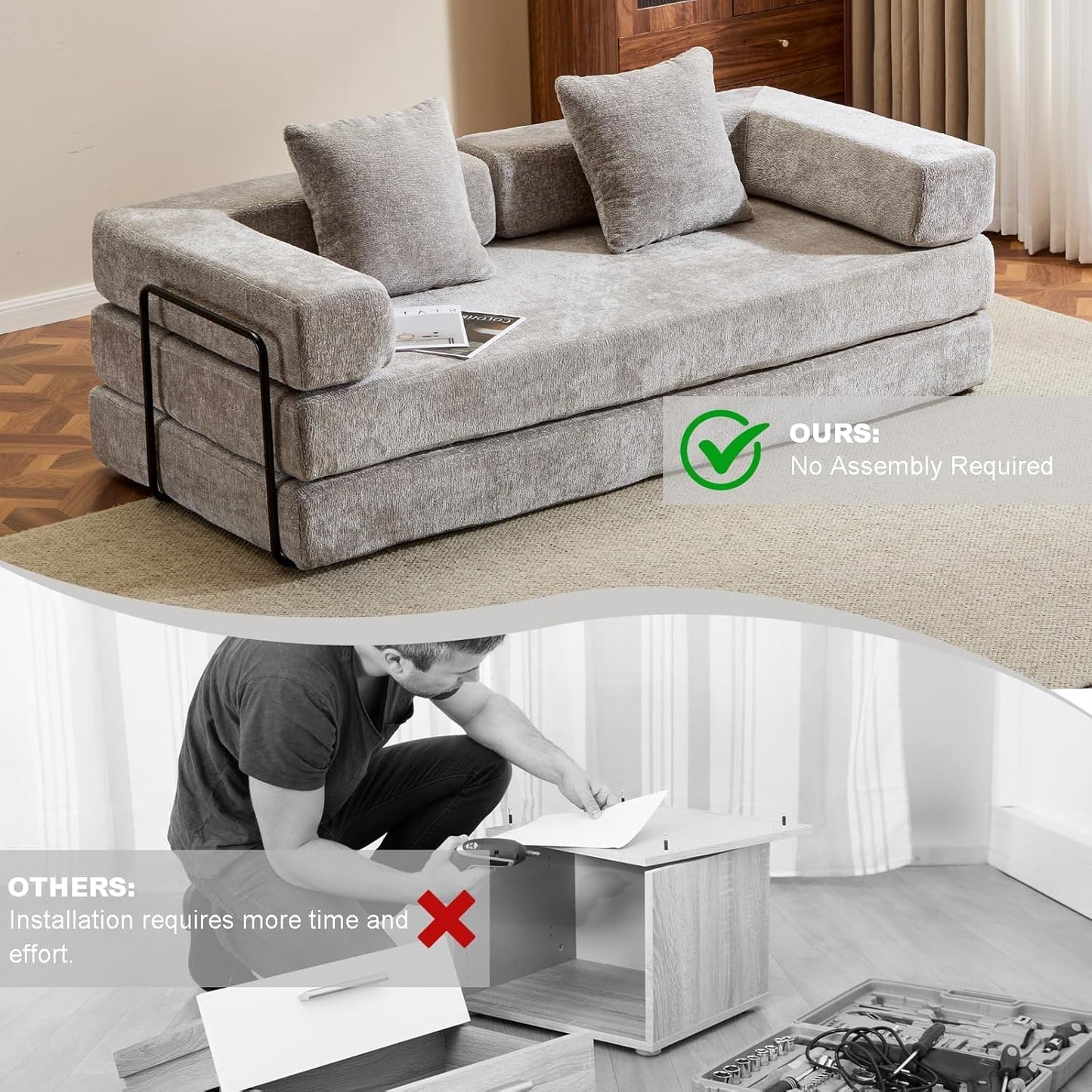 Convertible Sleeper Sofa Bed, Compression Folding Sofa with Pillow, No Assembly Required, Shape Frame, Floor Sofas Lounge Couchs for Living Room, Bedroom, Small Spaces(Chenille, 77''W, Light Grey)